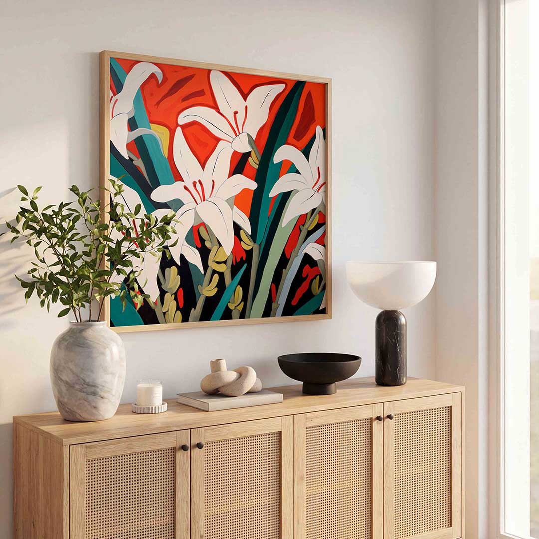 Witte bloemen op oranje achtergrond Poster