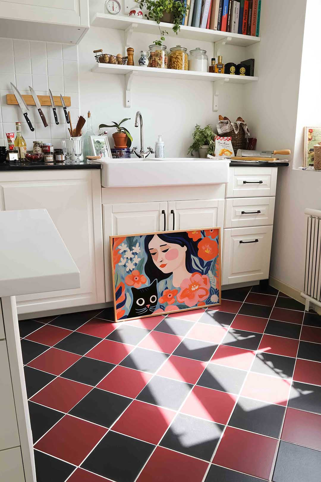 Vrouw met kat en bloemen Poster