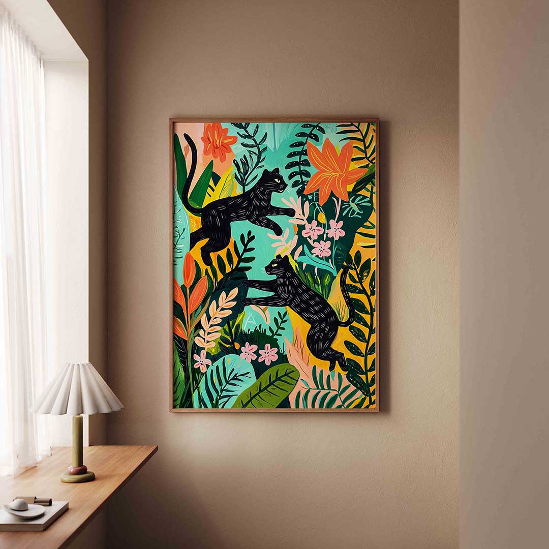 Zwarte panters en bloemen Poster