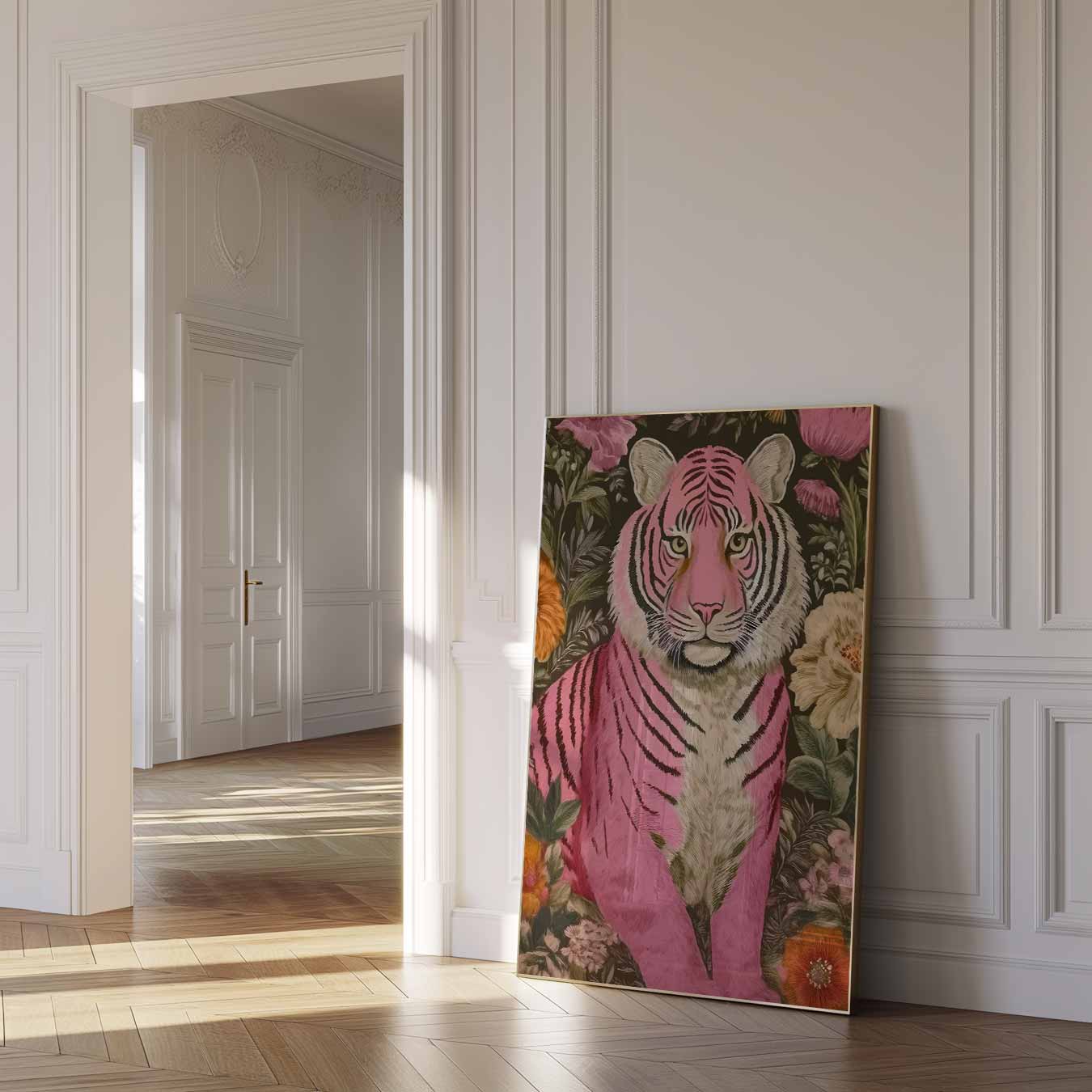 Roze Tijger en Bloemen Poster-WallArtistic