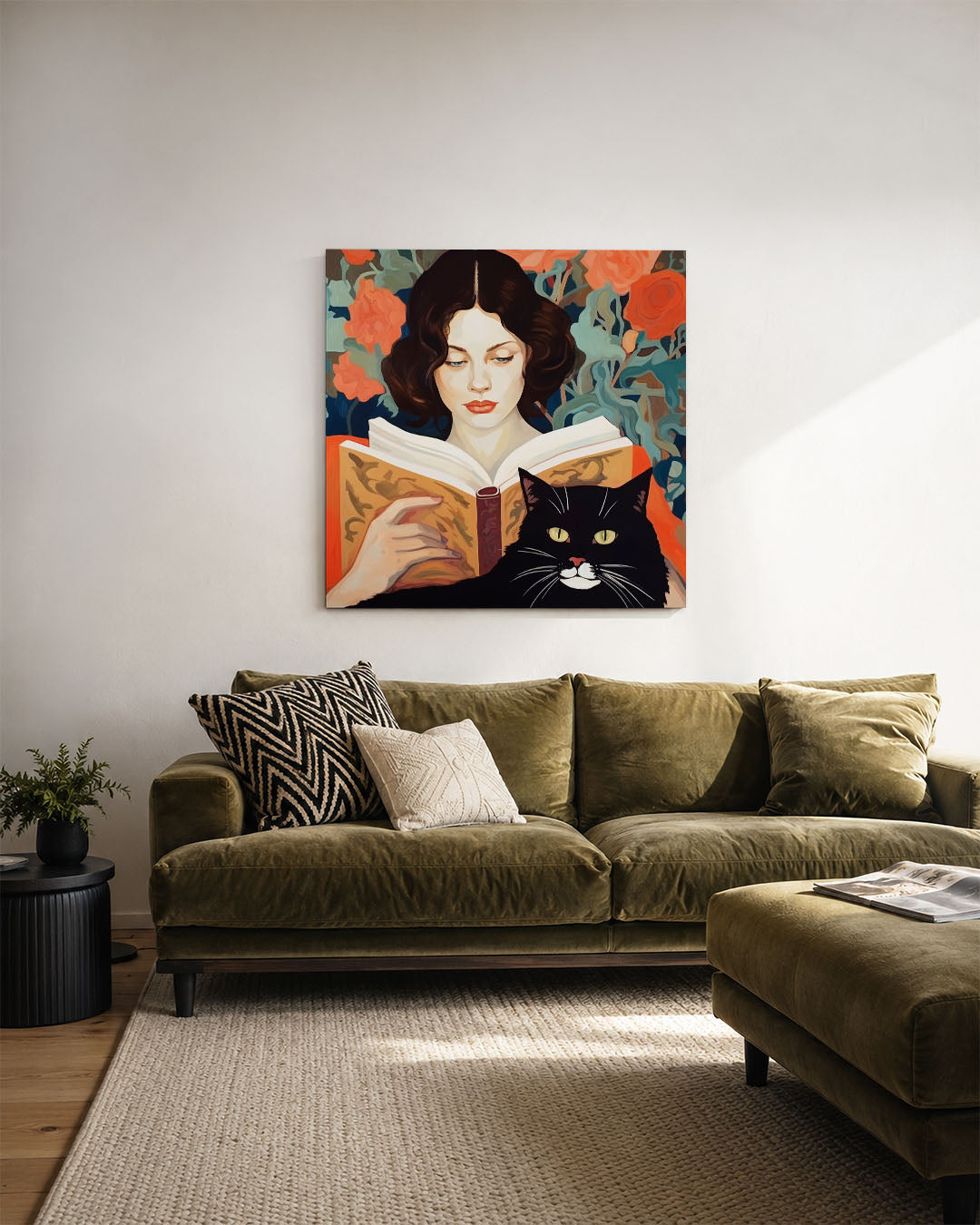 Vrouw met kat en boek Kunstwerk