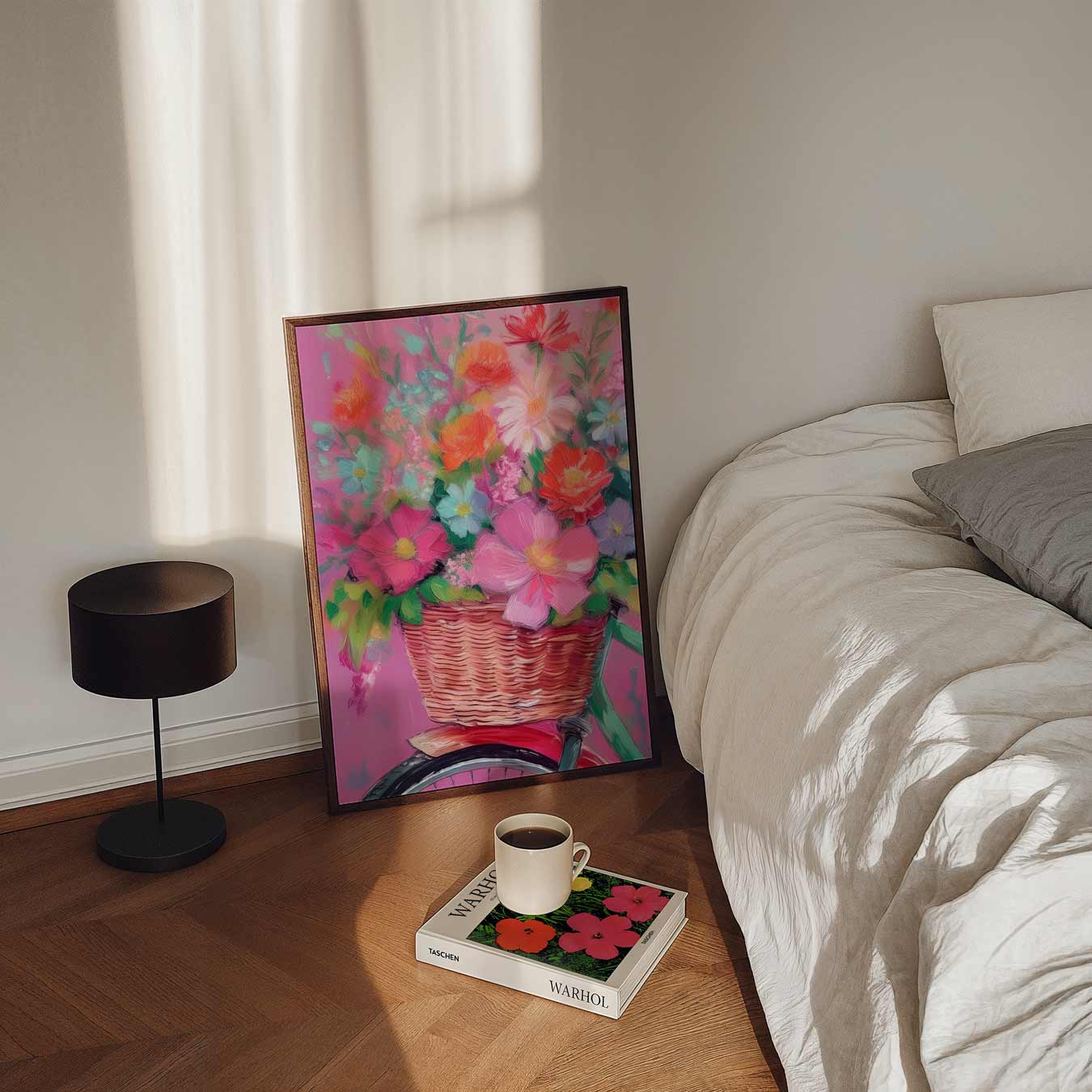 Bloemenmand op Roze Fiets Poster-WallArtistic