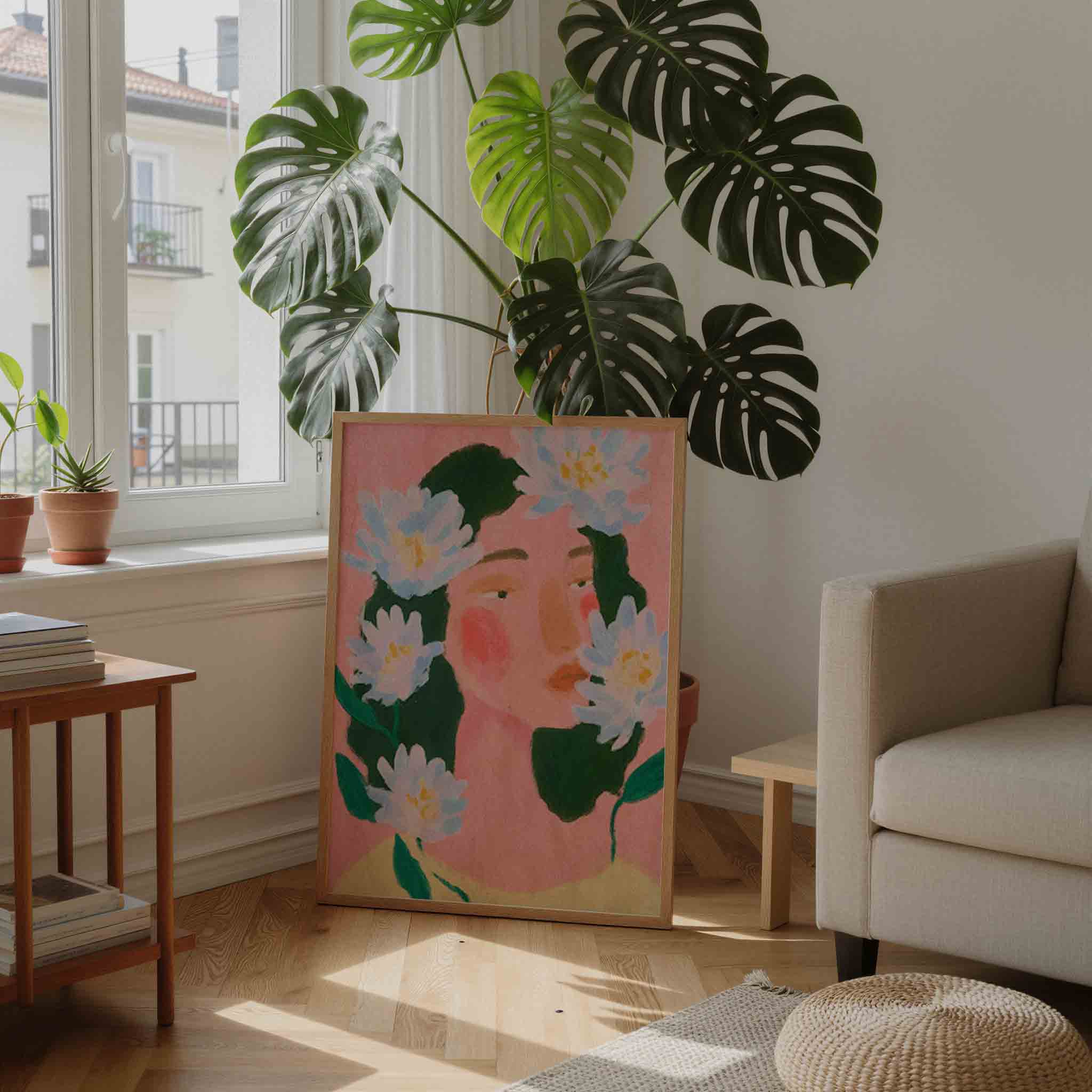 Bloemen en gezicht Poster