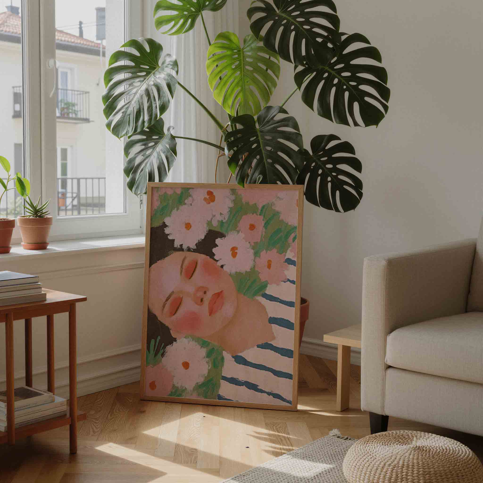 Bloemen en gezicht Poster
