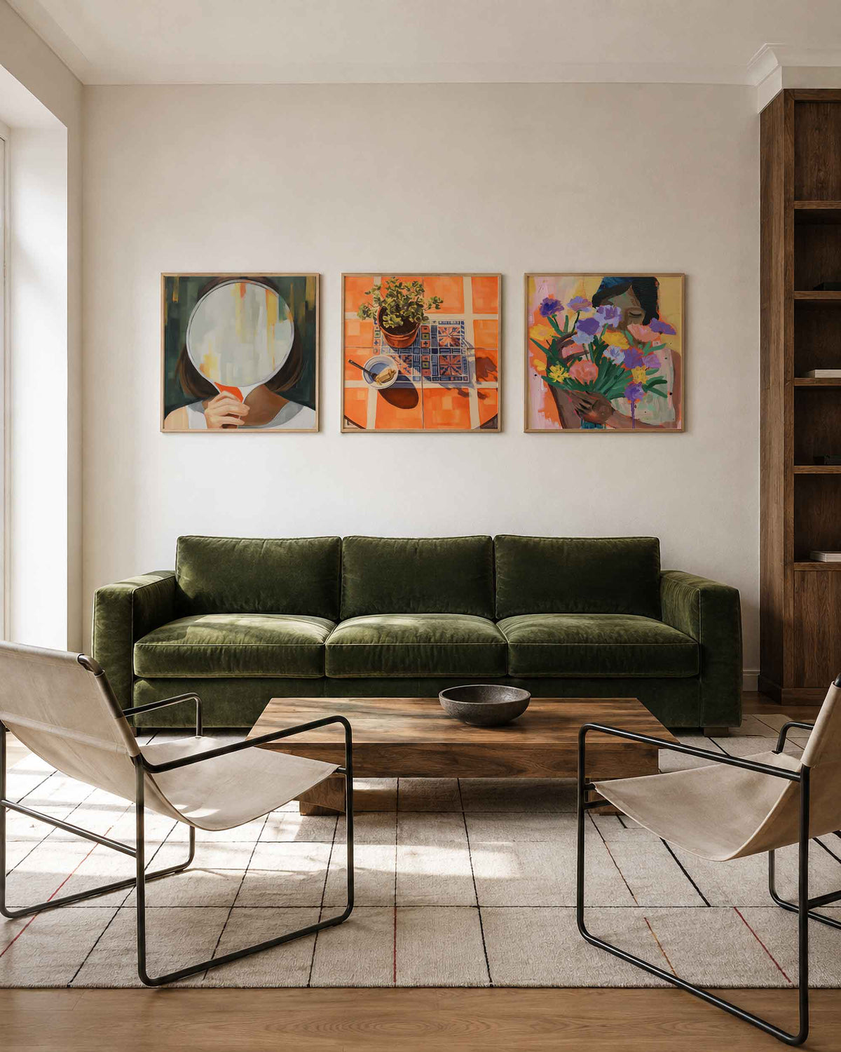 Interieurpresentatie van een driedelige vierkante posterset met vrouw spiegel plant bloemen