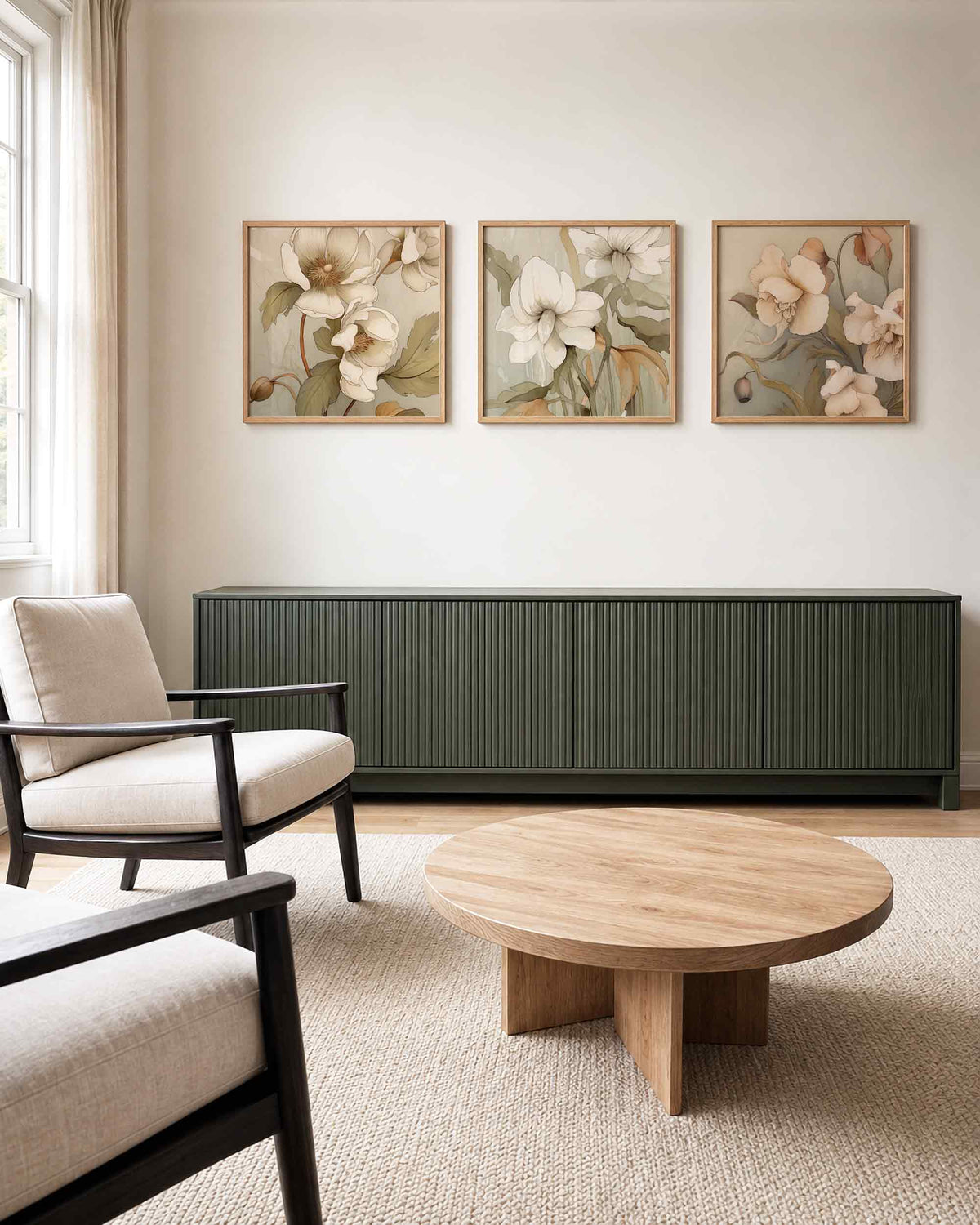 Interieurpresentatie van een driedelige vierkante posterset met crèmekleurige bloemen