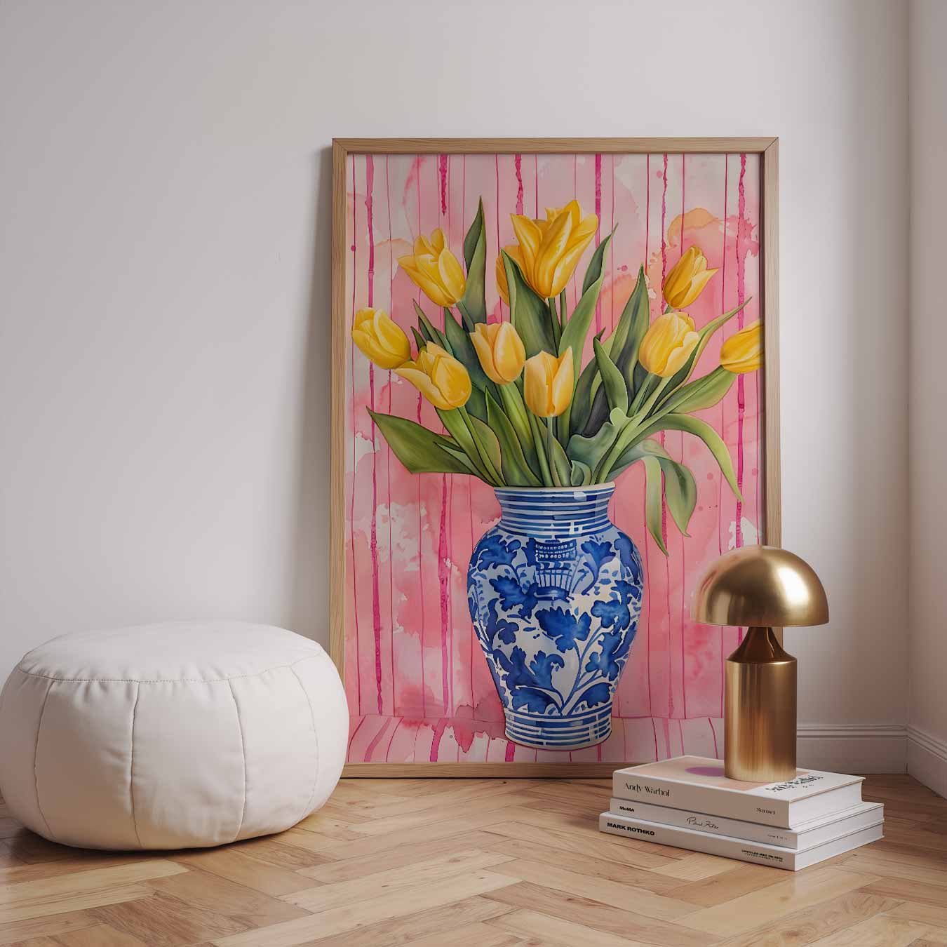 Bloeiende Tulpen in Blauwe Vaas Poster-WallArtistic
