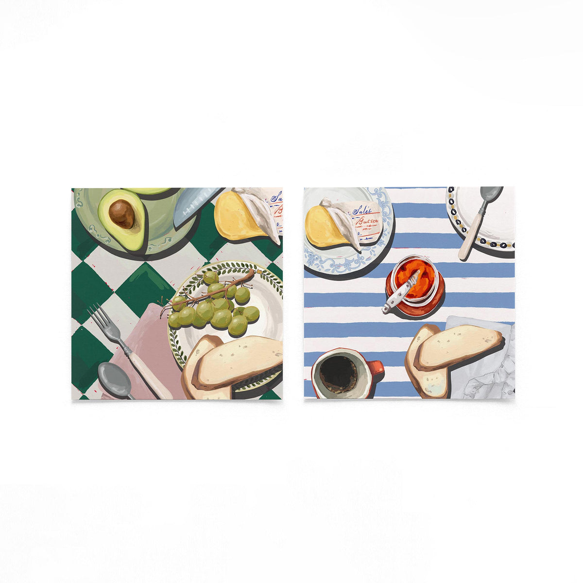 Twee vierkante posters met ontbijttafel op een gebroken witte achtergrond