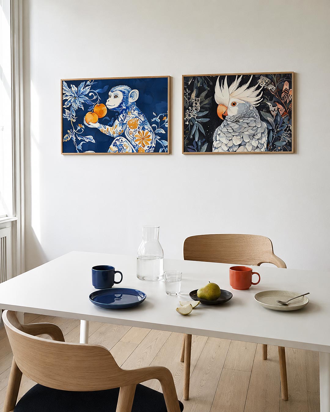Tweedelige posterset met een speelse aap met sierlijke bloemen en vruchten, getoond in een interieur