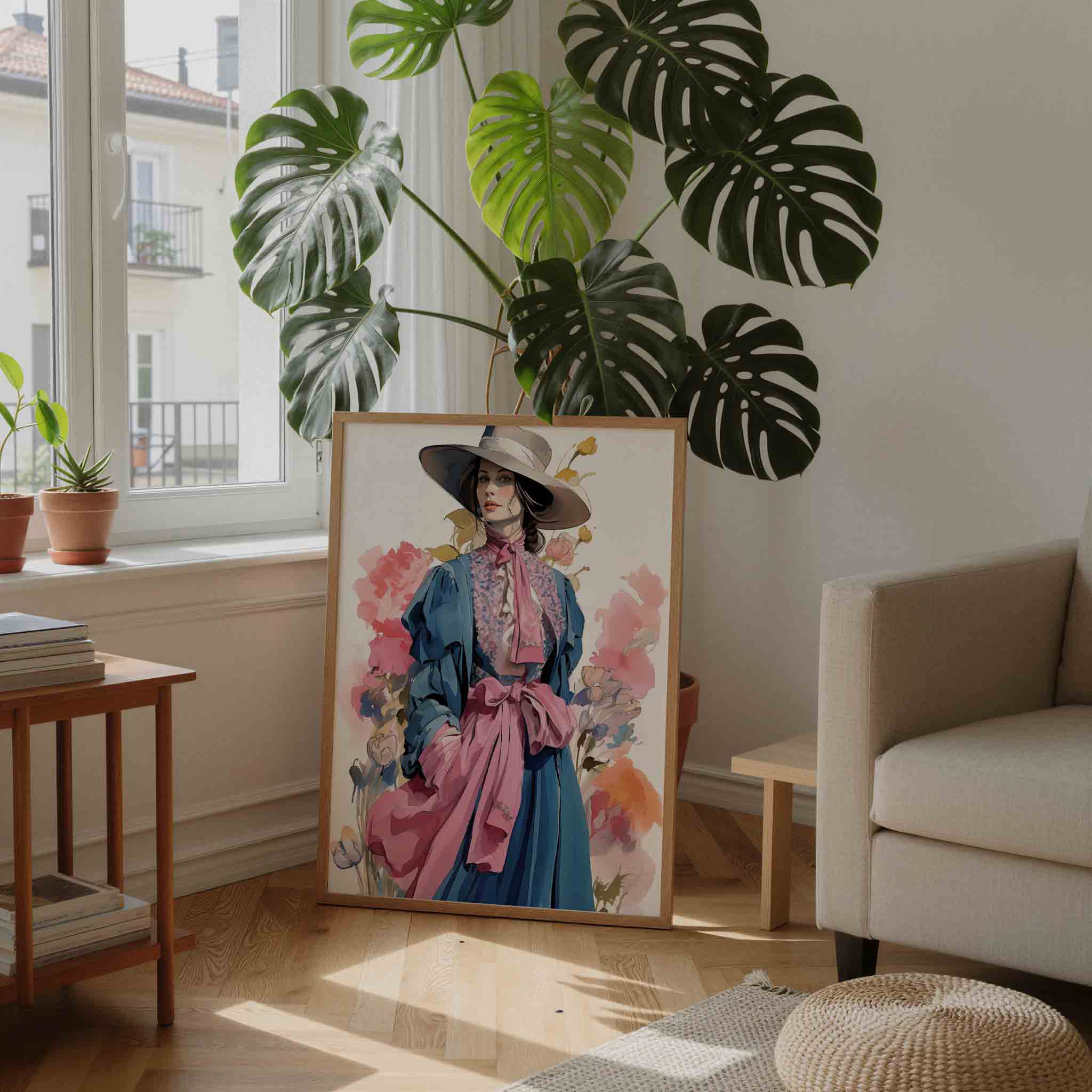 Vrouw met hoed en bloemen Poster