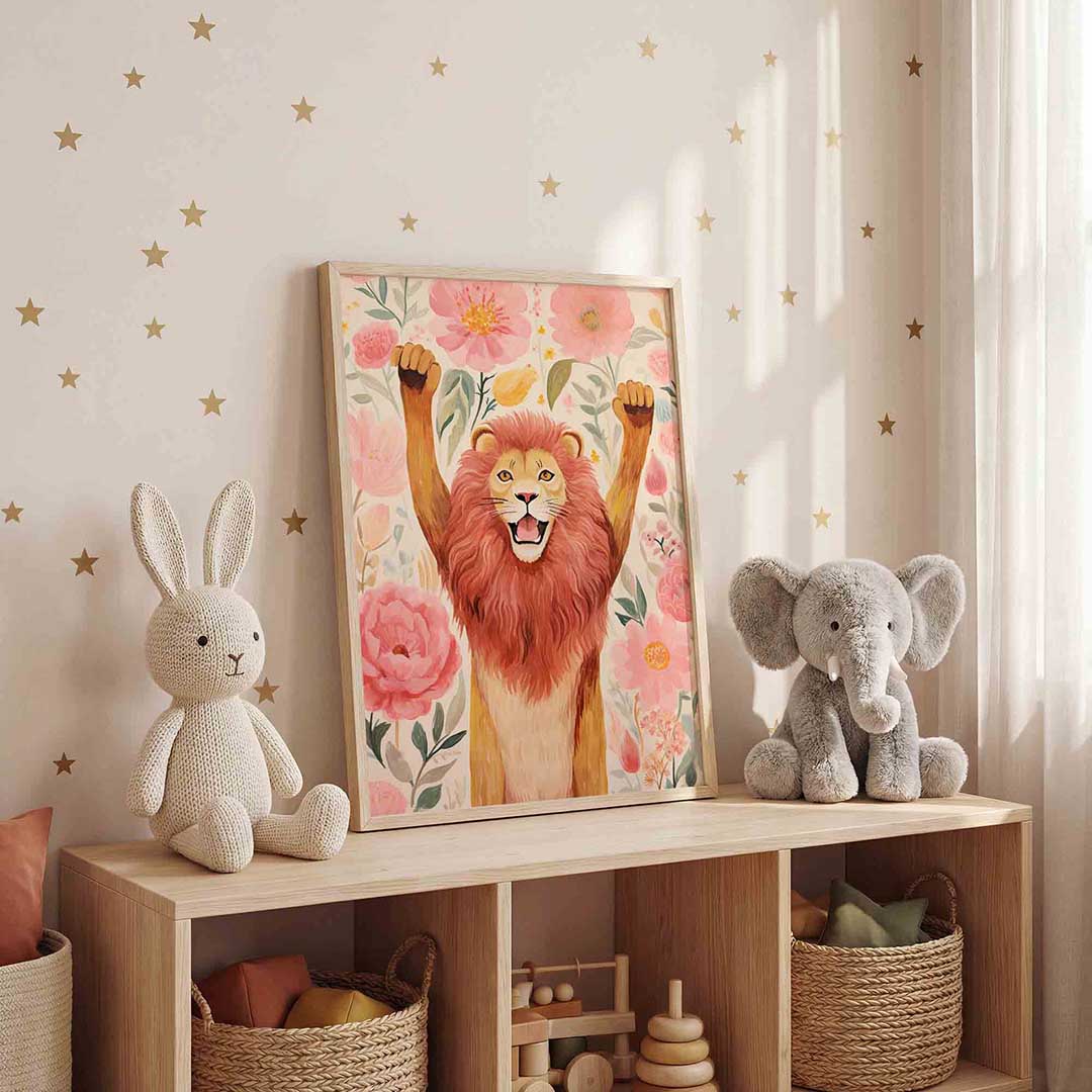 Leeuw en bloemen Poster