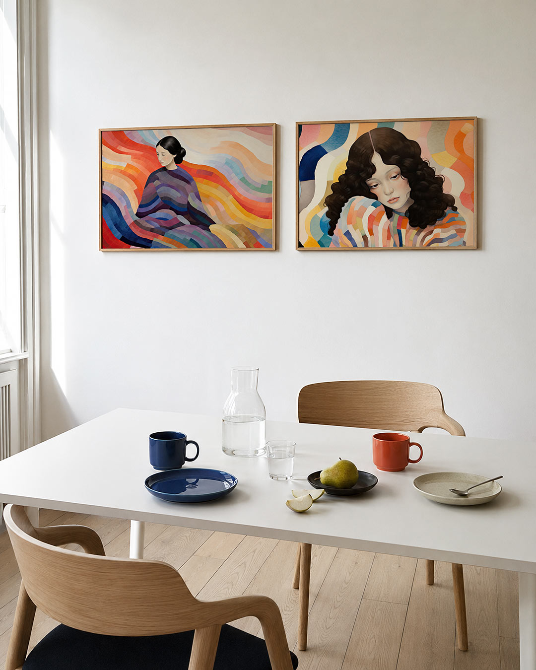 Tweedelige posterset met een vrouw omgeven door golvende kleurbanen, getoond in een interieur