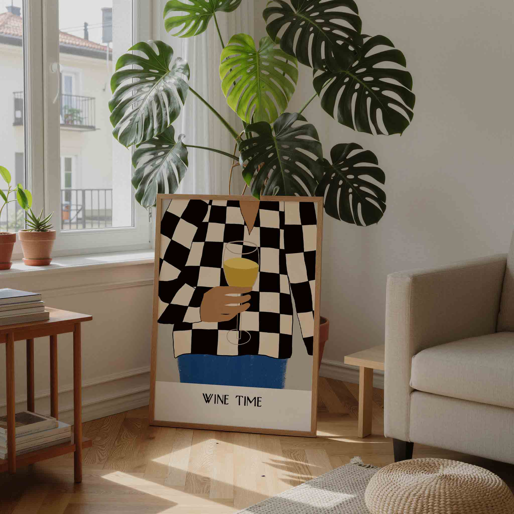 Wijn glas en geruit patroon Poster