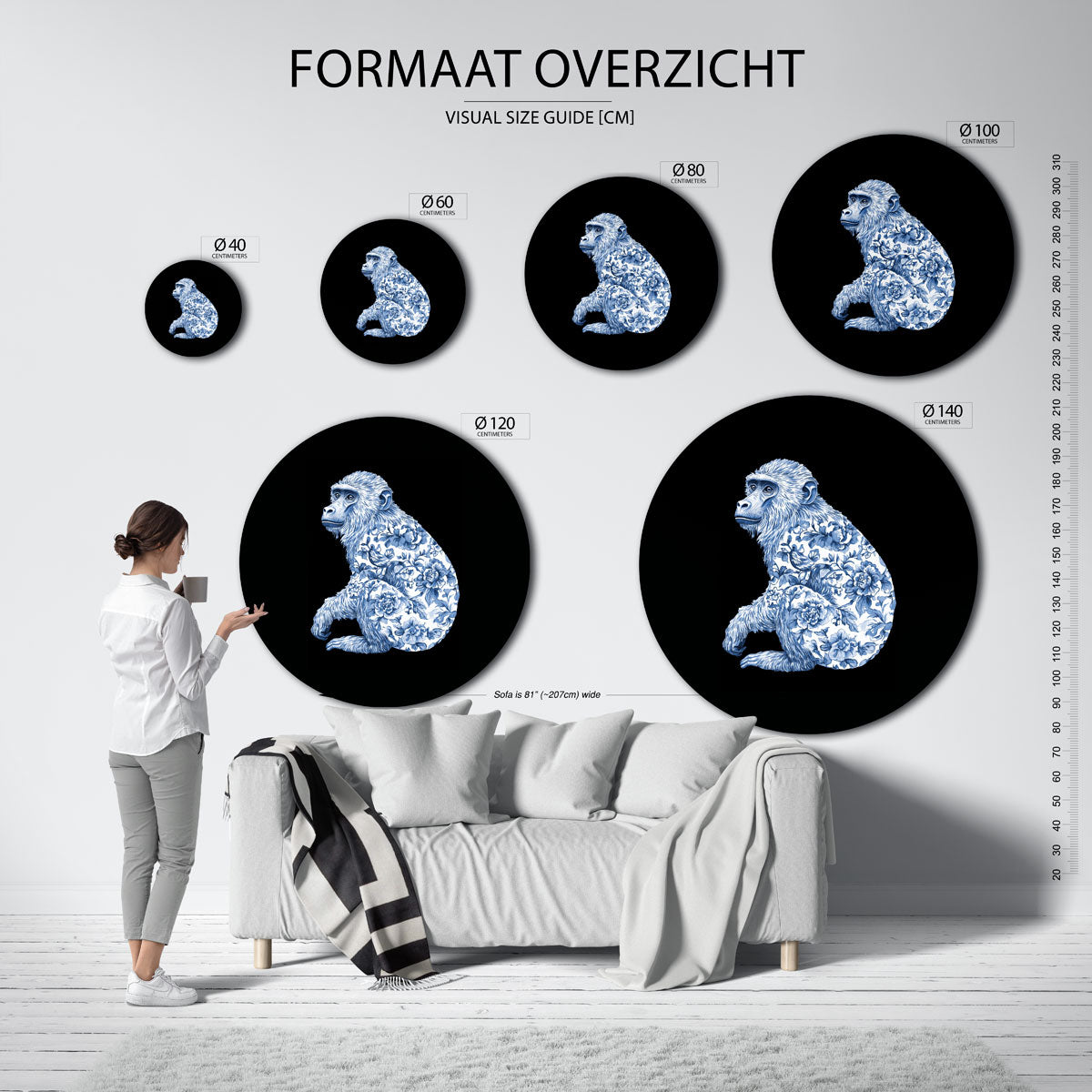 Blauwe aap met bloemen Muurcirkel