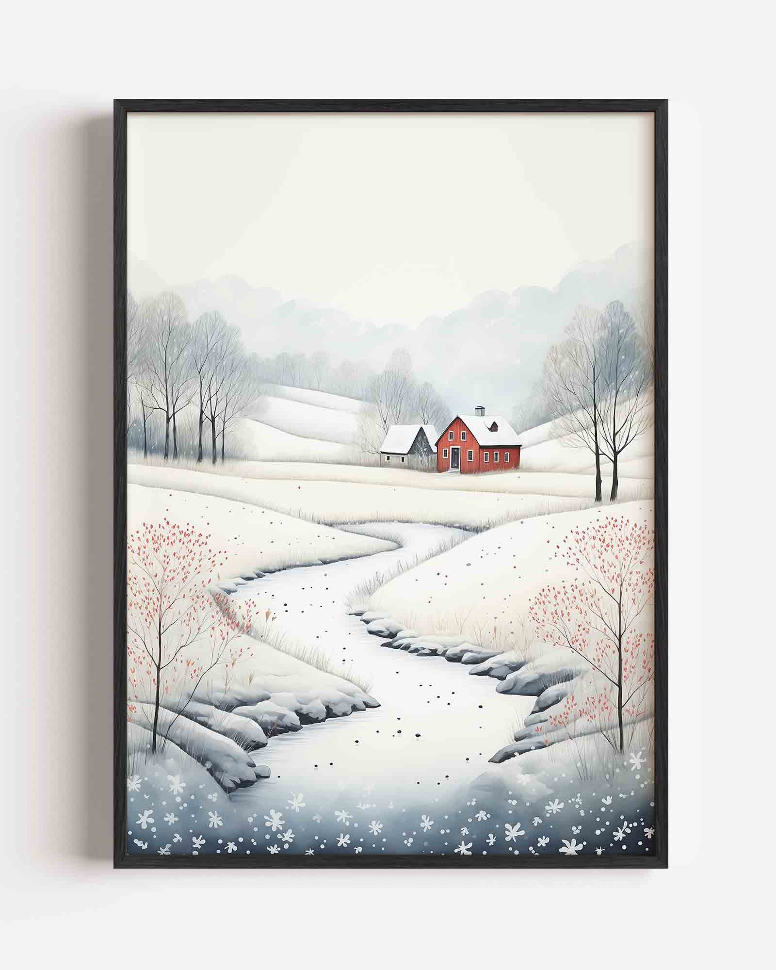 Winterlandschap met rode boerderij Poster