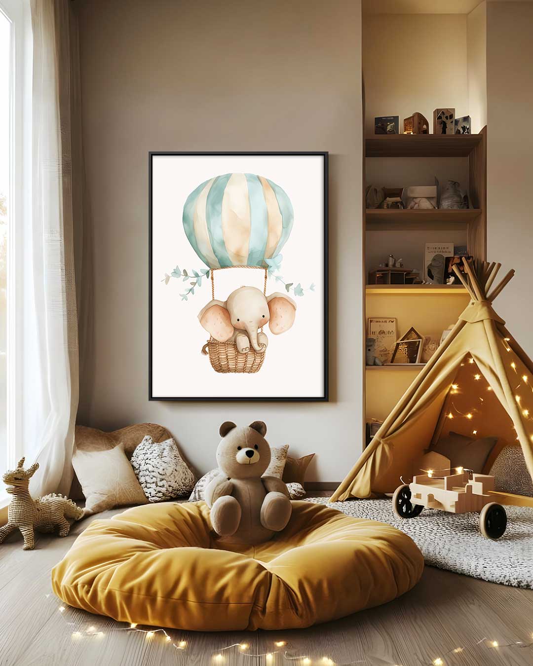 Dromerige Olifant in Luchtballon Kunstwerk-canvas-dibond-plexiglas-wanddecoratie-WallArtistic
