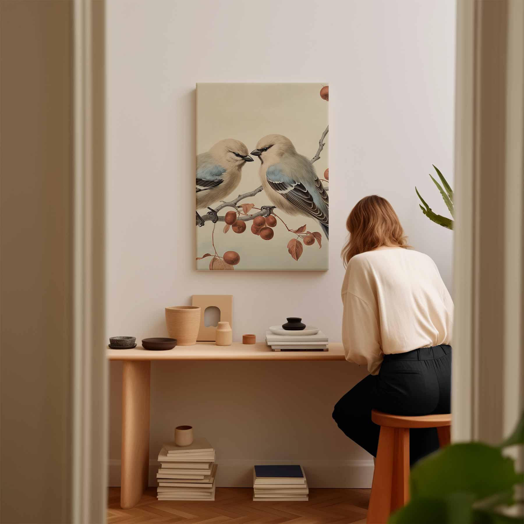 Vogelpaar op Tak Kunstwerk-canvas-dibond-plexiglas-wanddecoratie-WallArtistic