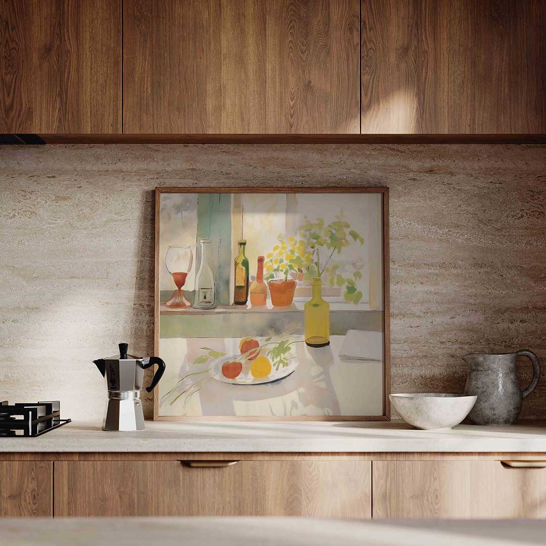 Stilleven met flessen en fruit Poster