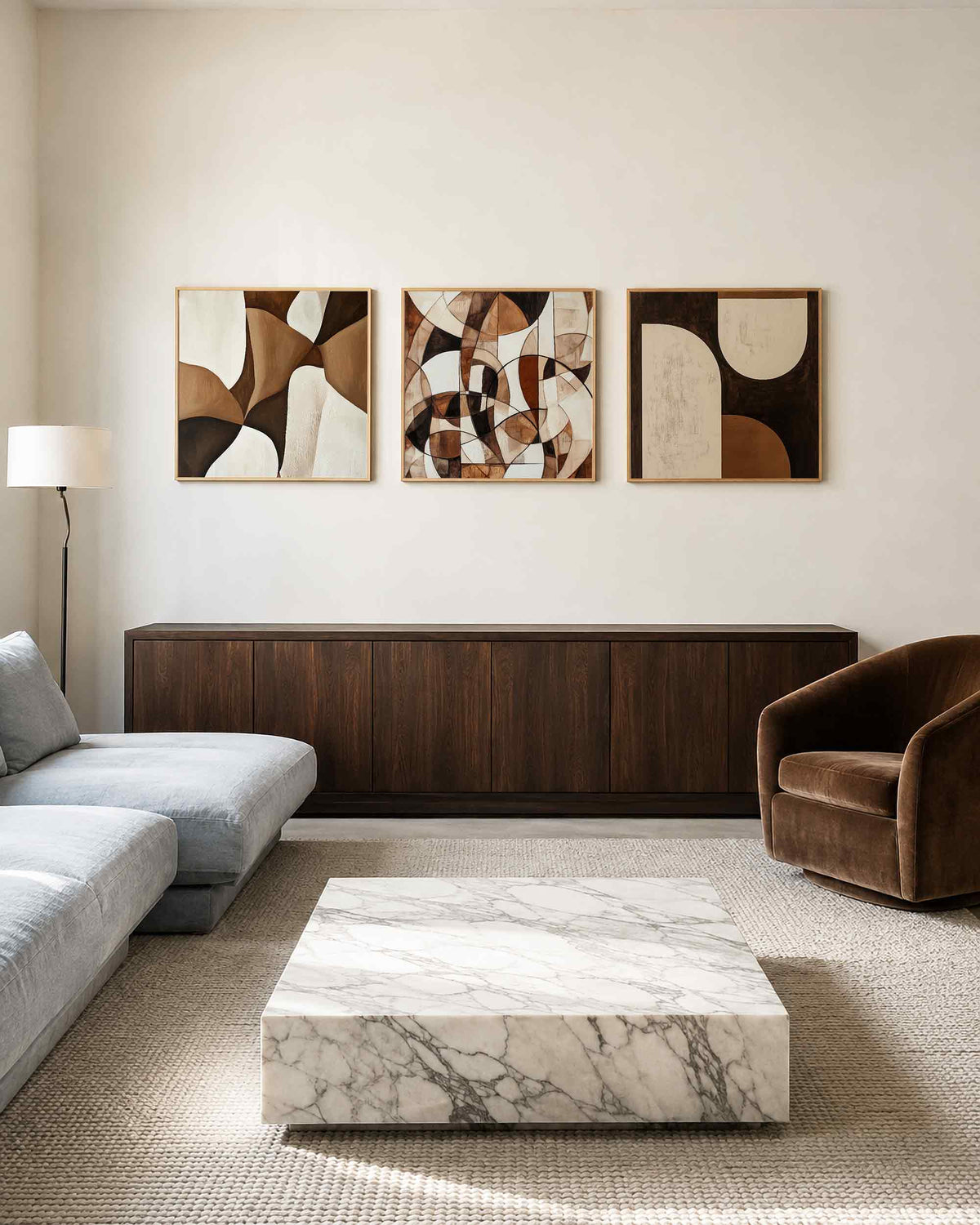 Interieurpresentatie van een driedelige vierkante posterset met bruine abstracte vormen