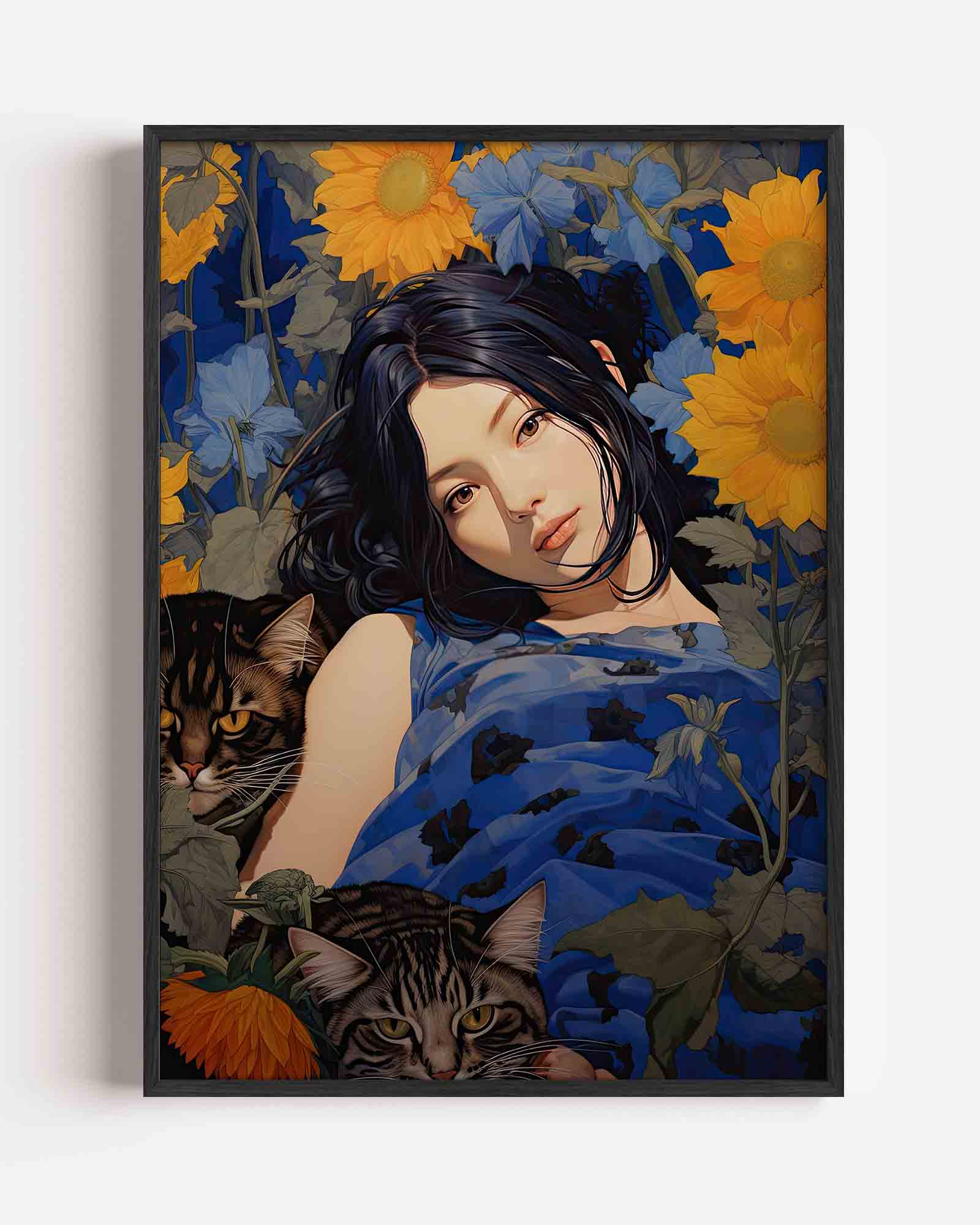 Vrouw met katten en zonnebloemen Poster