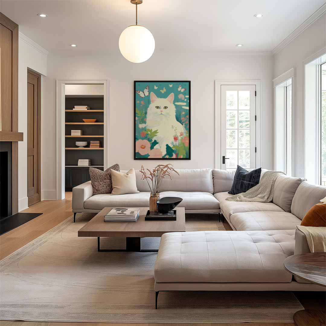 Kunstwerk: Verträumte Katze im Blumengarten