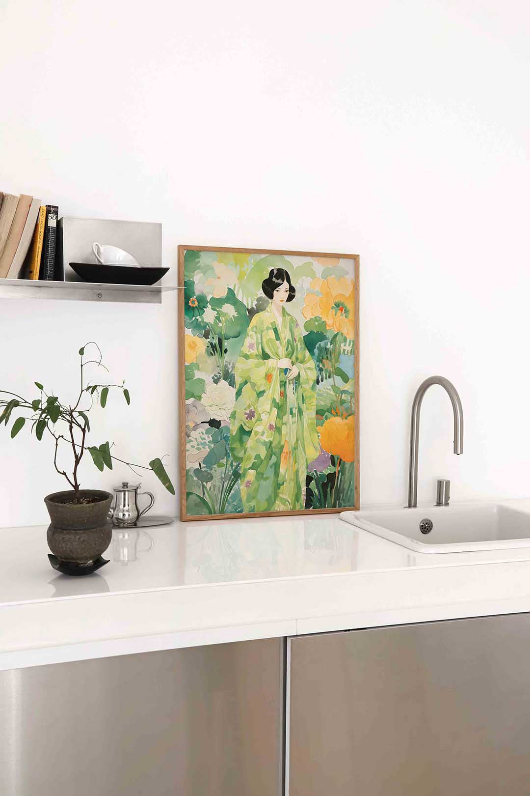 Vrouw in groene kimono Poster