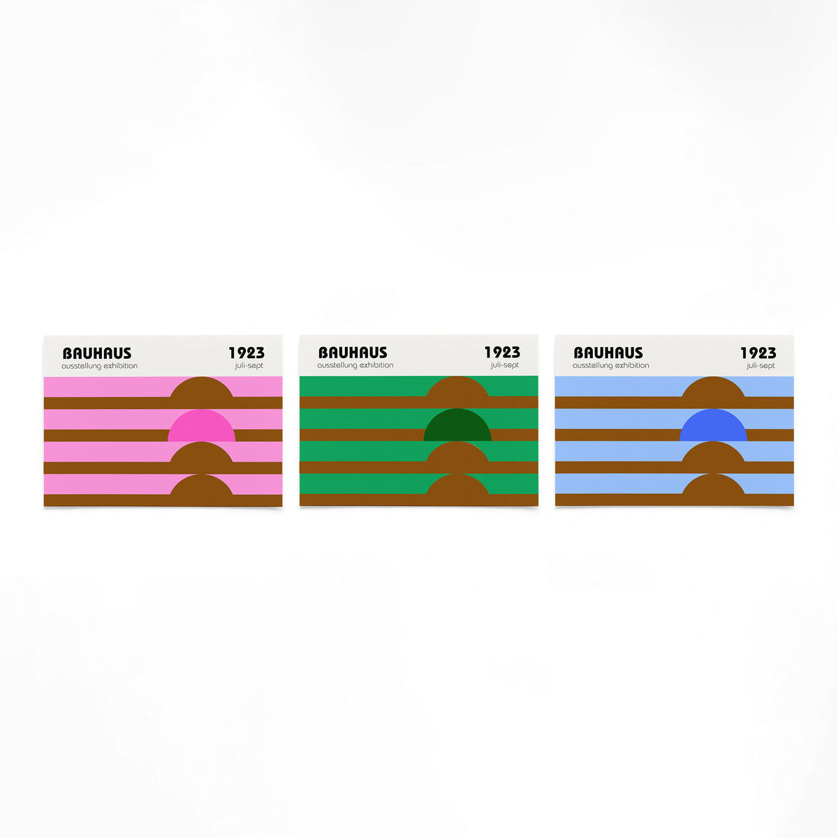 Drie landscape posters met gestreepte halve cirkels als vrijstaande productfoto