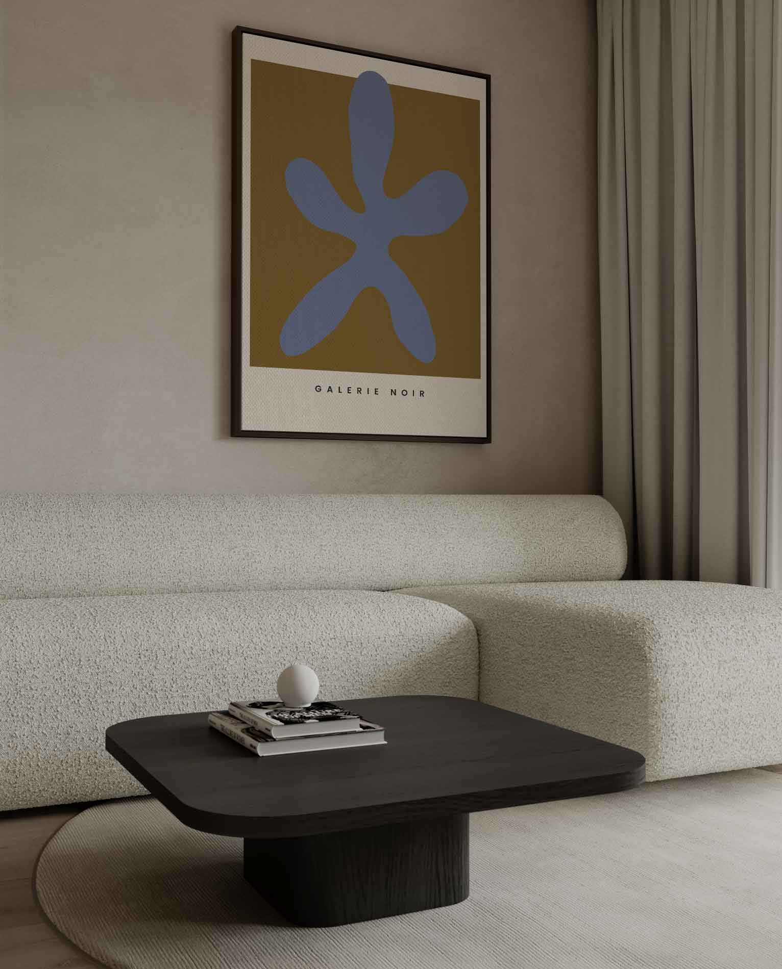 Blauwe Abstracte Vormen op Oker Kunstwerk-canvas-dibond-plexiglas-wanddecoratie-WallArtistic