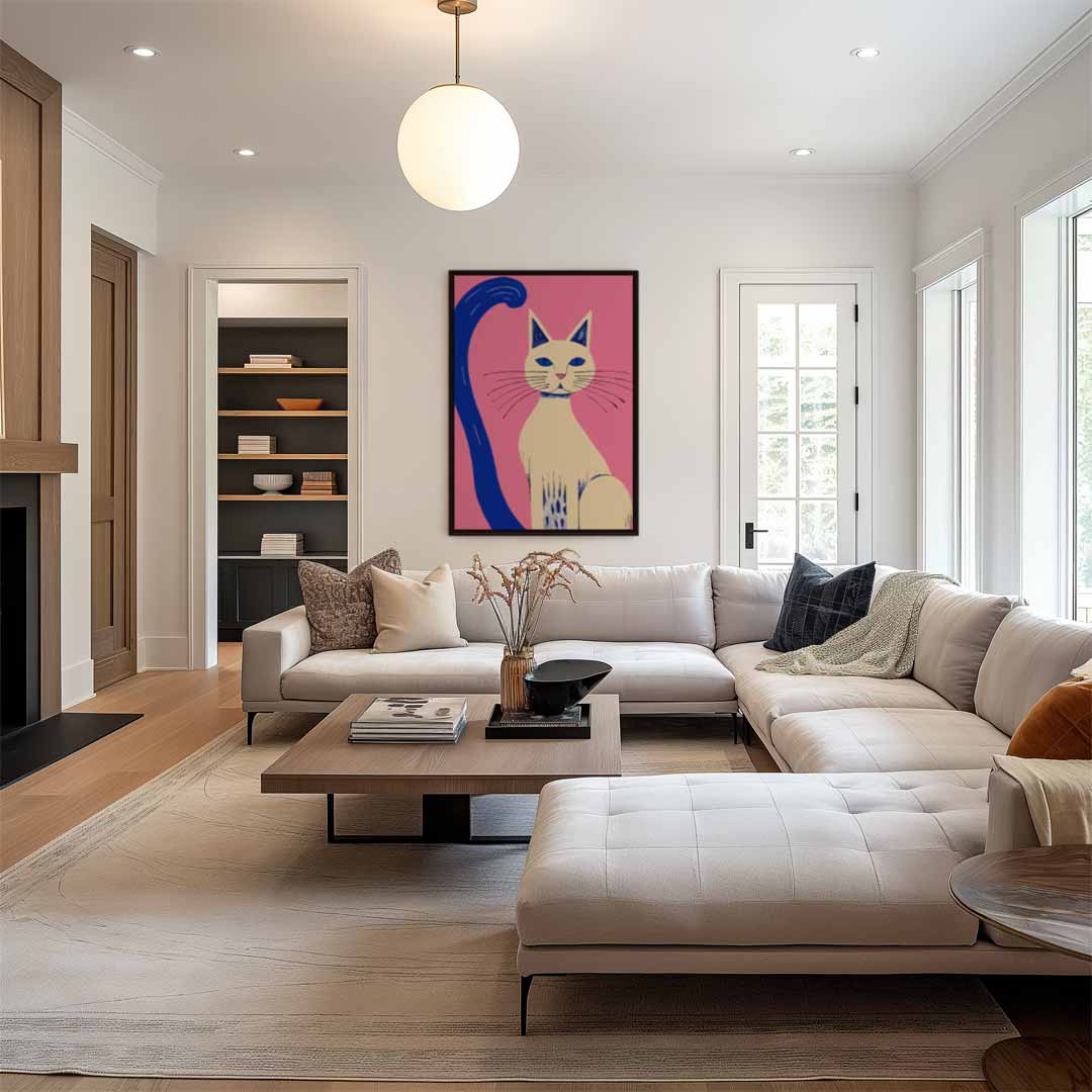 Kleurrijke Kat op Roze Achtergrond Kunstwerk-canvas-dibond-plexiglas-wanddecoratie-WallArtistic
