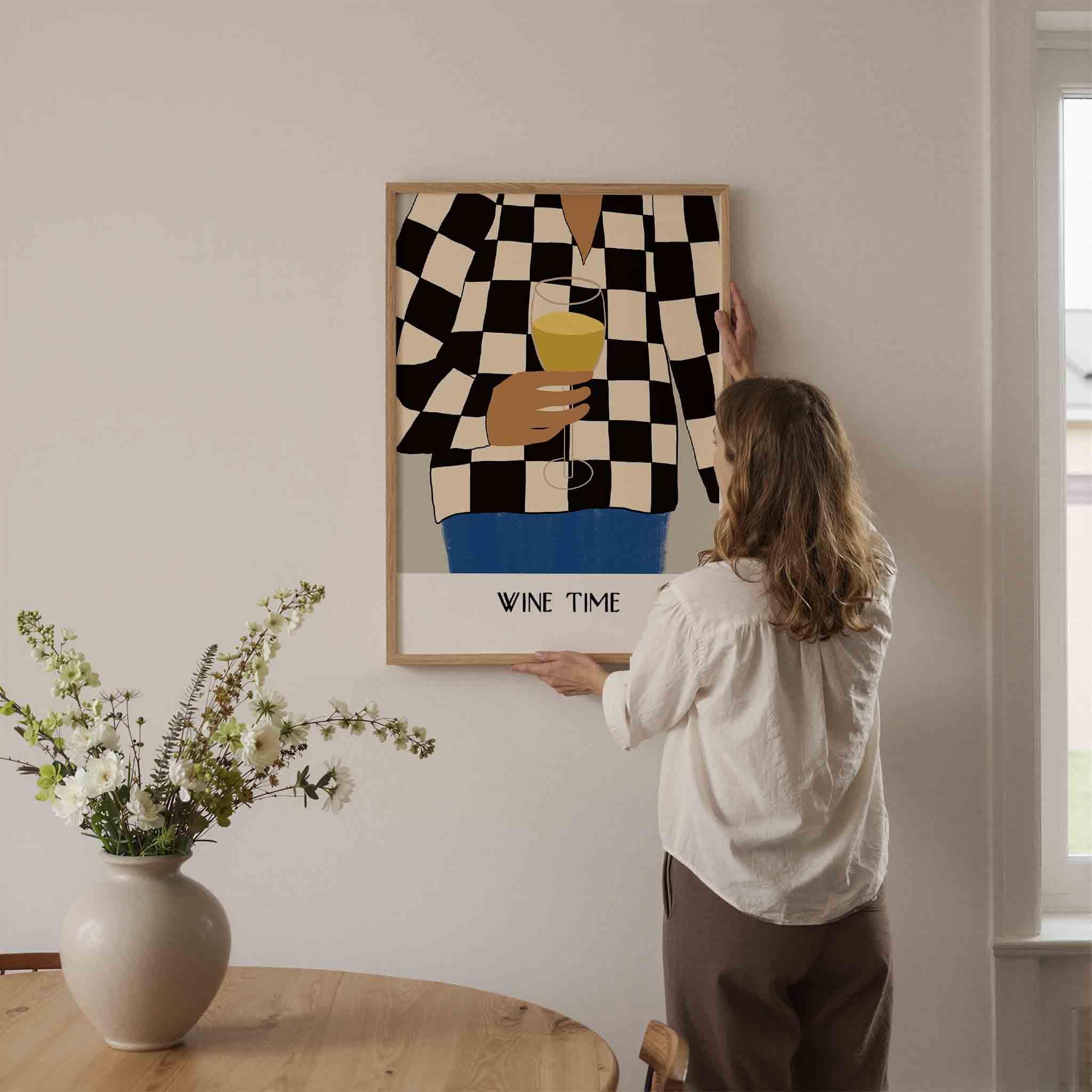 Wijn glas en geruit patroon Poster