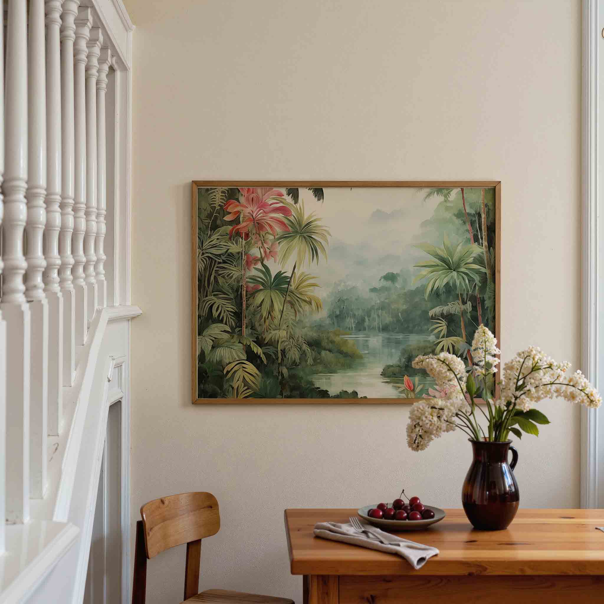 Tropische planten en mistige rivier Poster