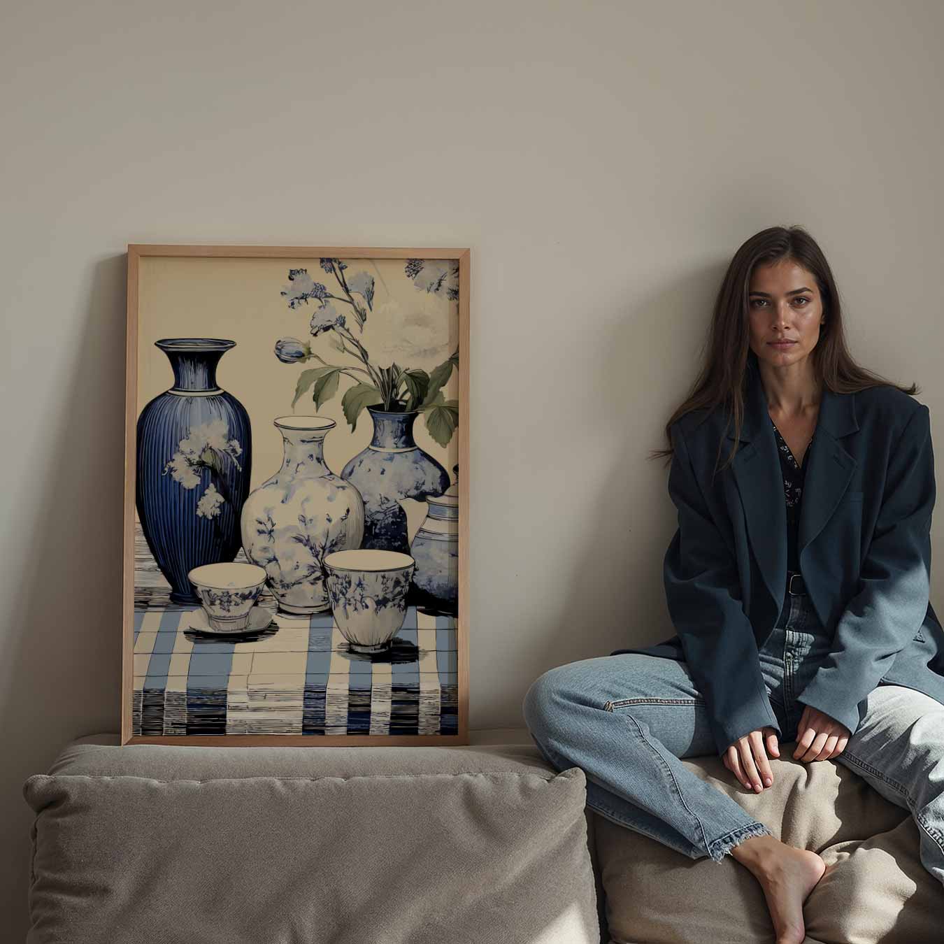Elegant Blauwe Vaas Bloemen Poster-WallArtistic
