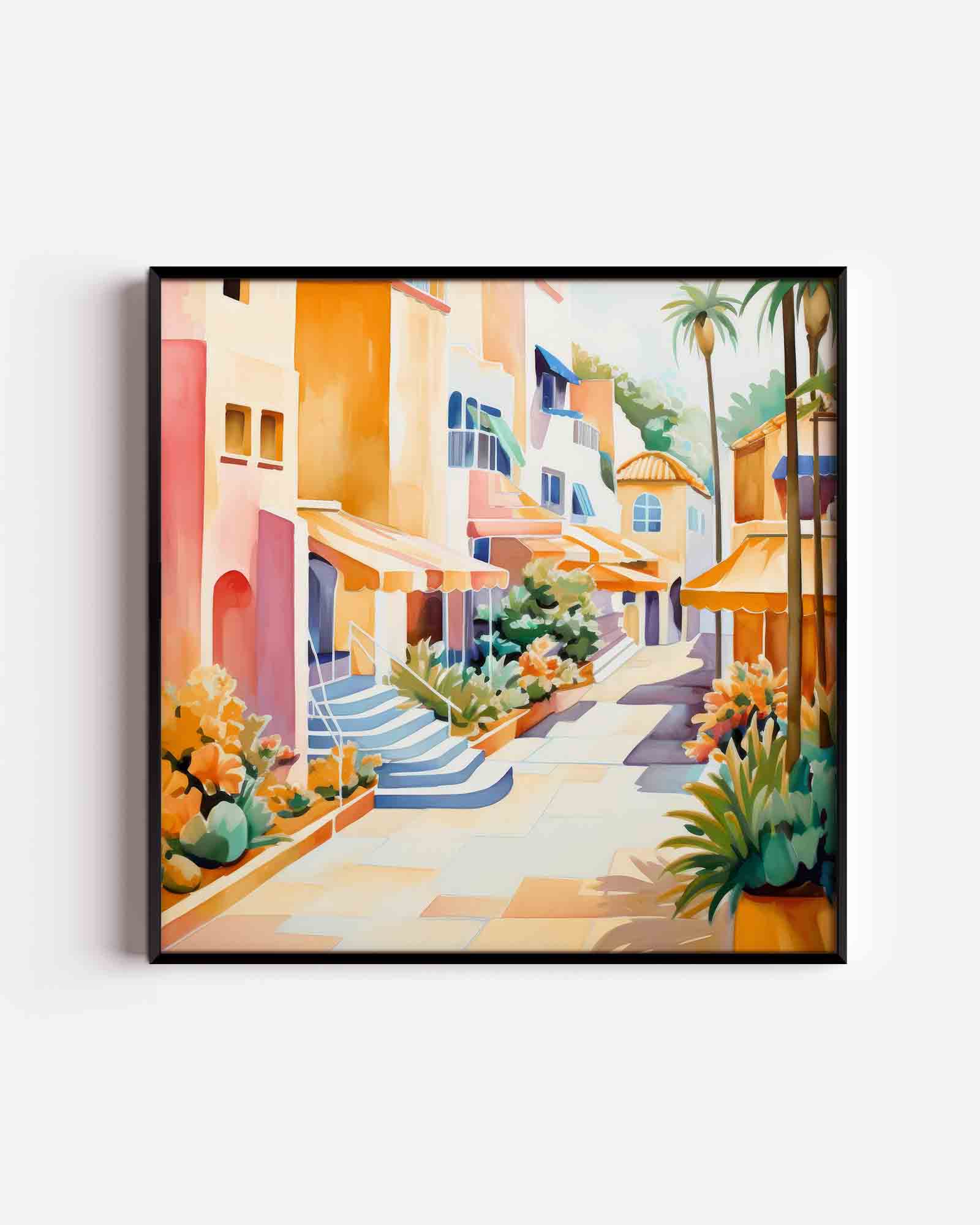 Zonnige straat met palmbomen Poster