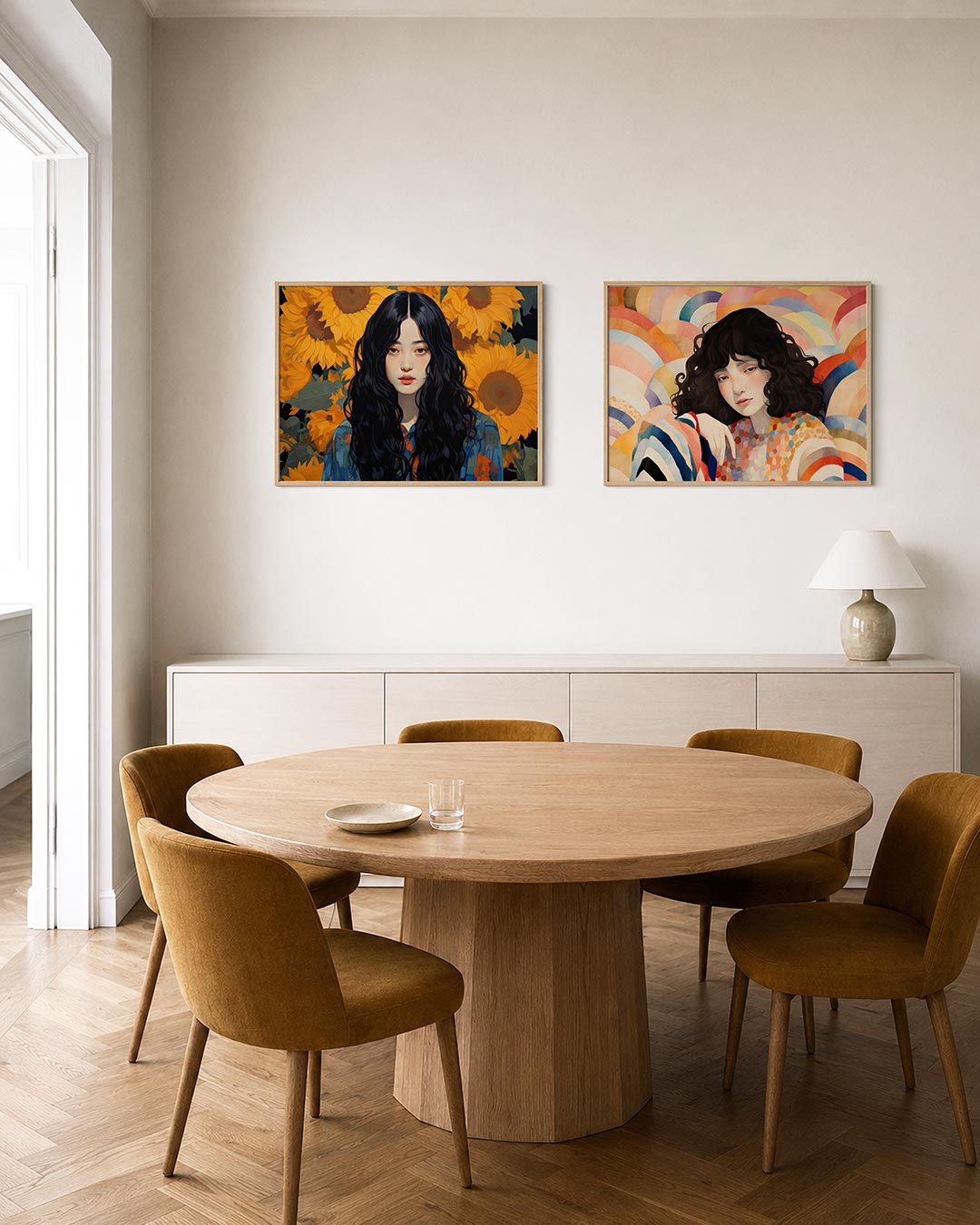 Twee liggende posters met een vrouw met donkere golvende haren centraal, aan de muur in een interieur