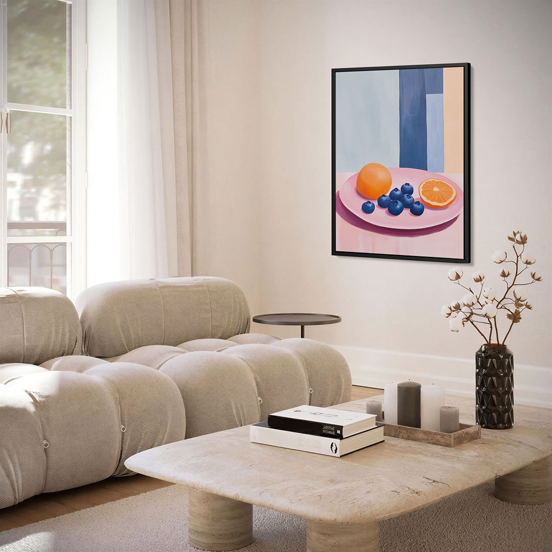 Fruit op roze bord Kunstwerk