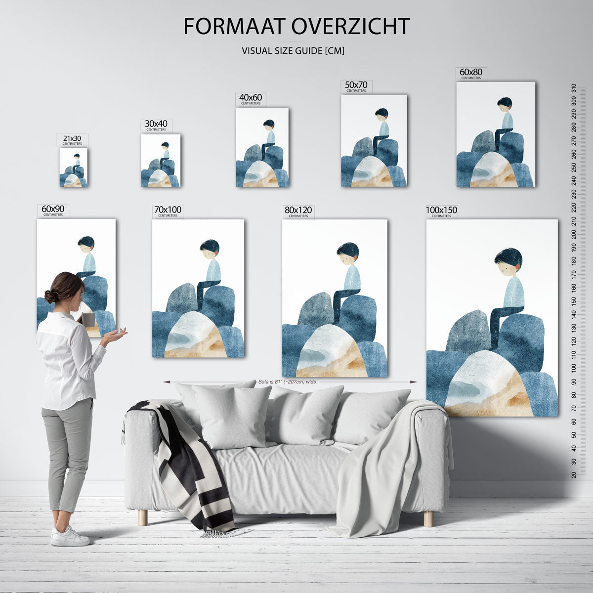Zittende figuur op rotsen Poster
