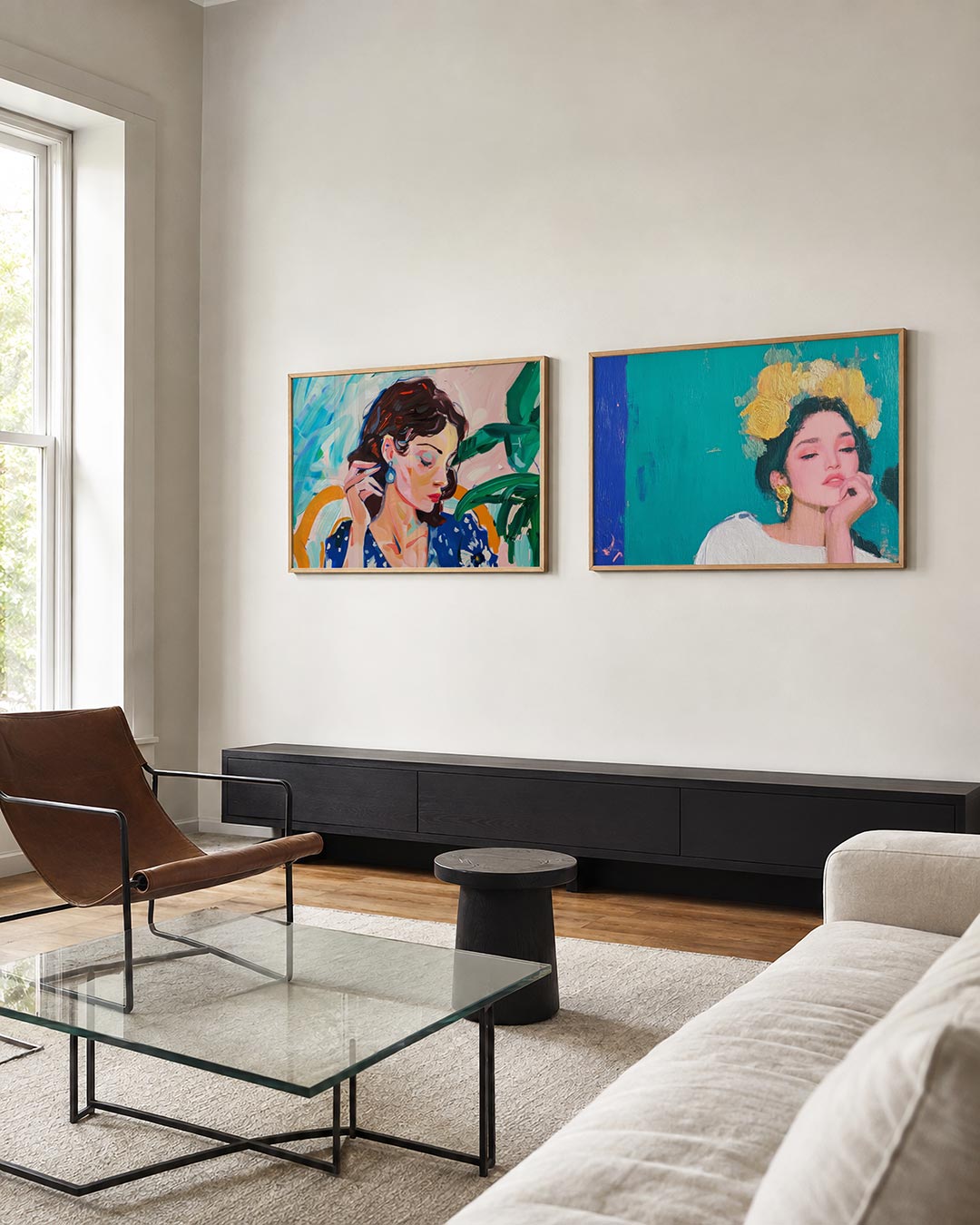 Twee liggende posters met donkere tinten en een rustige visuele opbouw, aan de muur in een interieur
