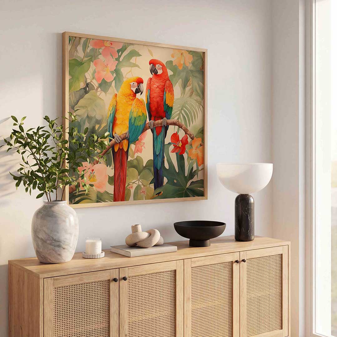 Papegaaien en bloemen Poster