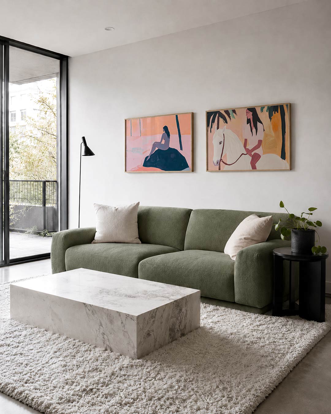 Tweedelige posterset met een vrouwelijk silhouet tegen een perzik- en roze achtergrond, getoond in een interieur