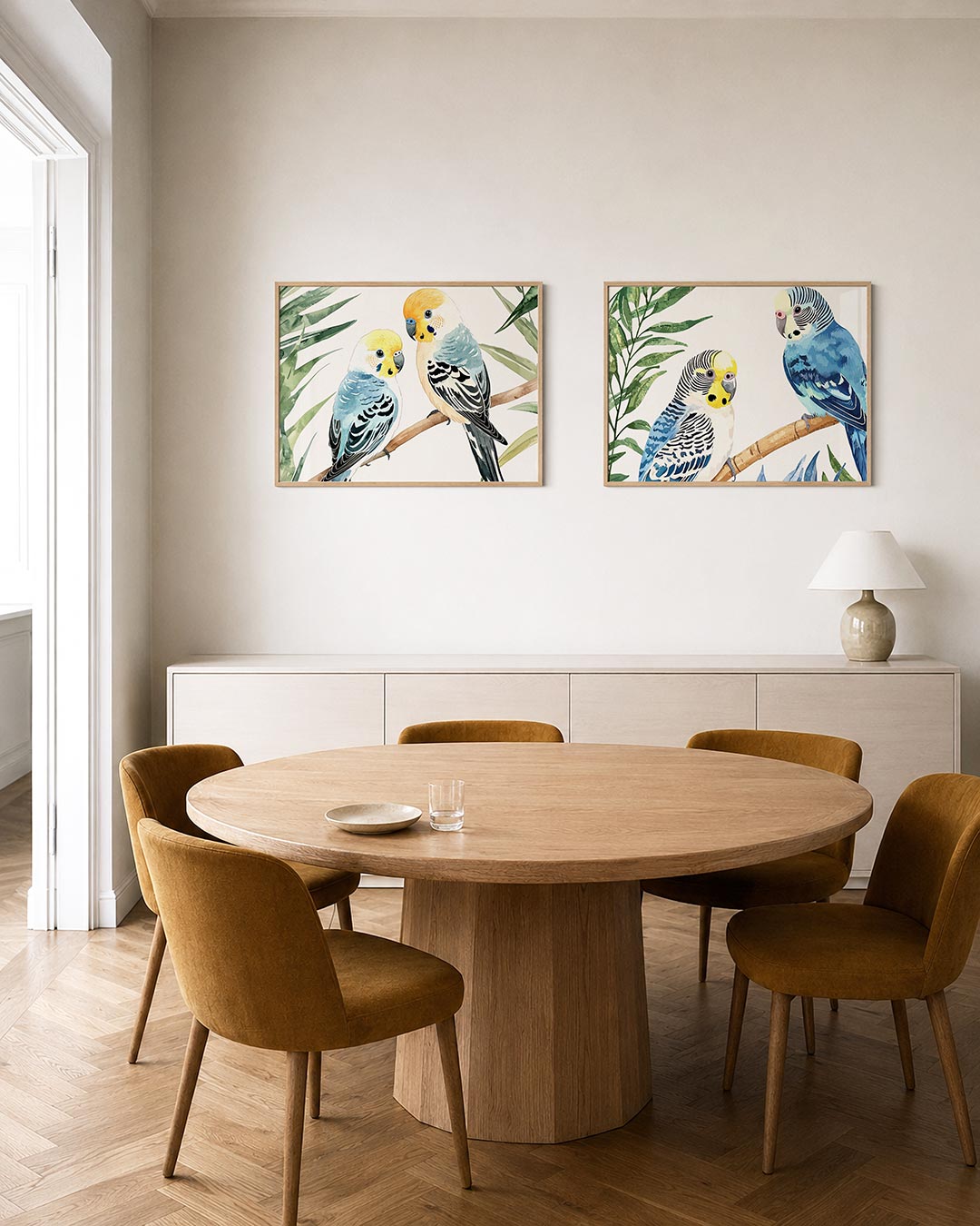 Twee liggende posters met twee kleurrijke vogels op een tak, omringd door groene bladeren, aan de muur in een interieur
