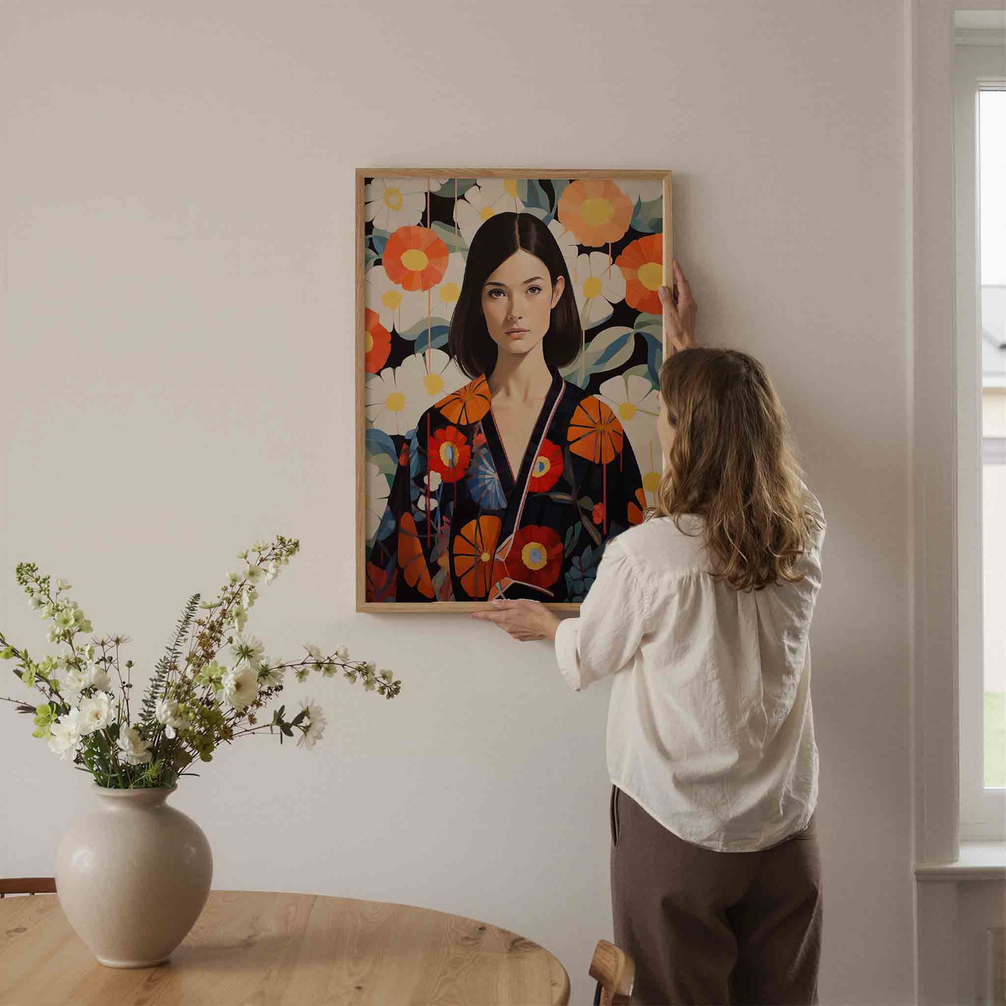 Vrouw met bloemenachtergrond Poster