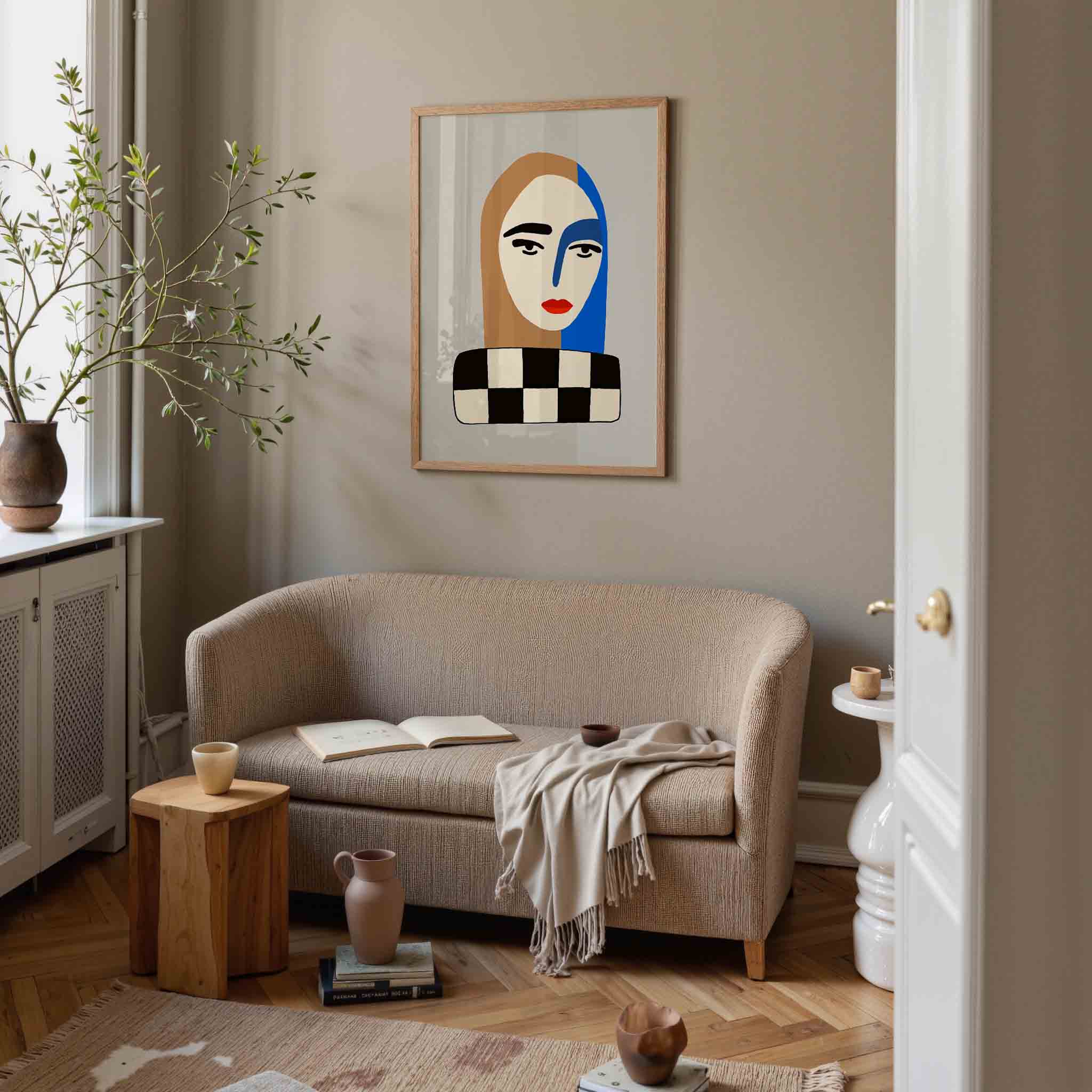 Gezicht met blauwe streep Poster