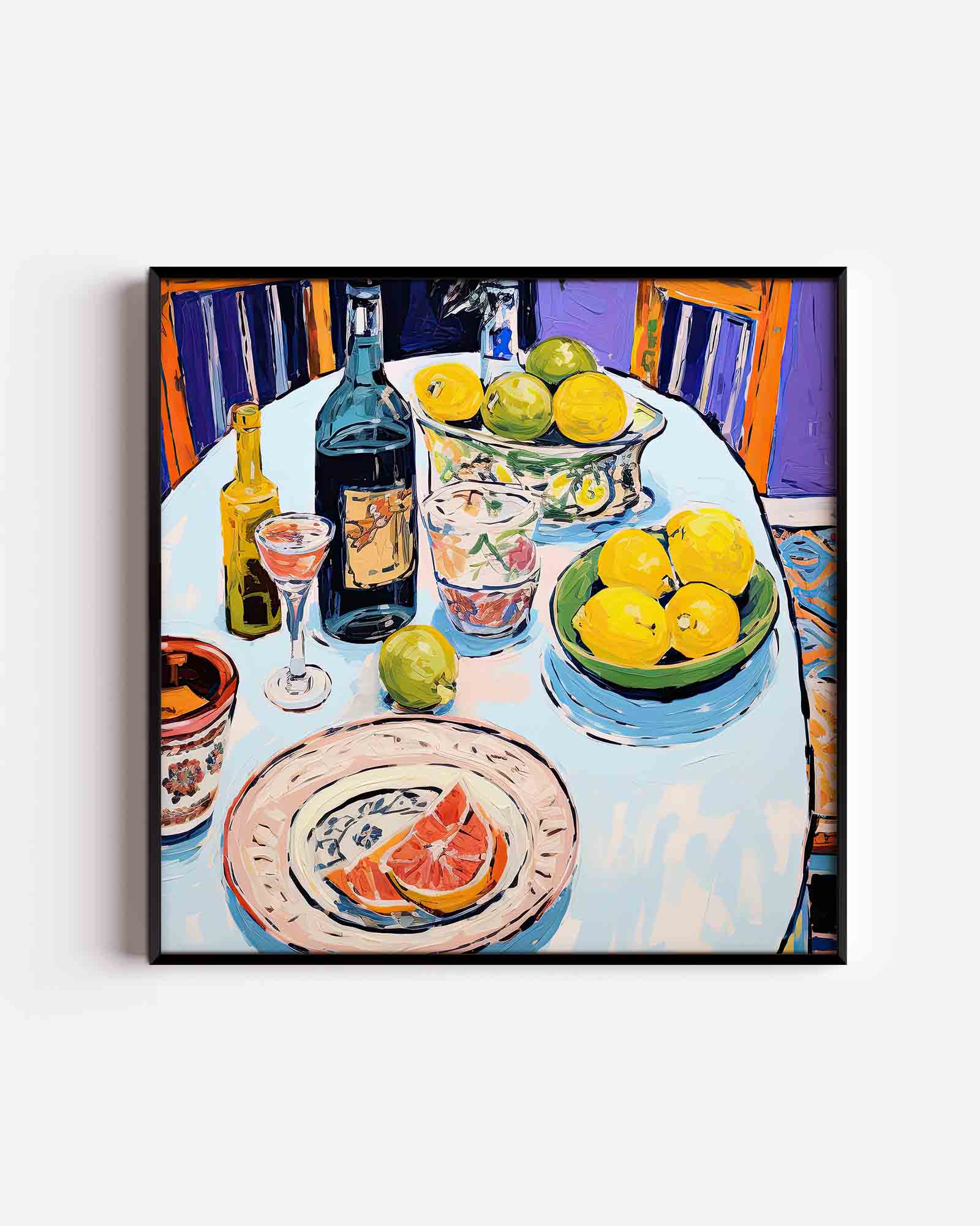 Fruit en flessen op tafel Poster