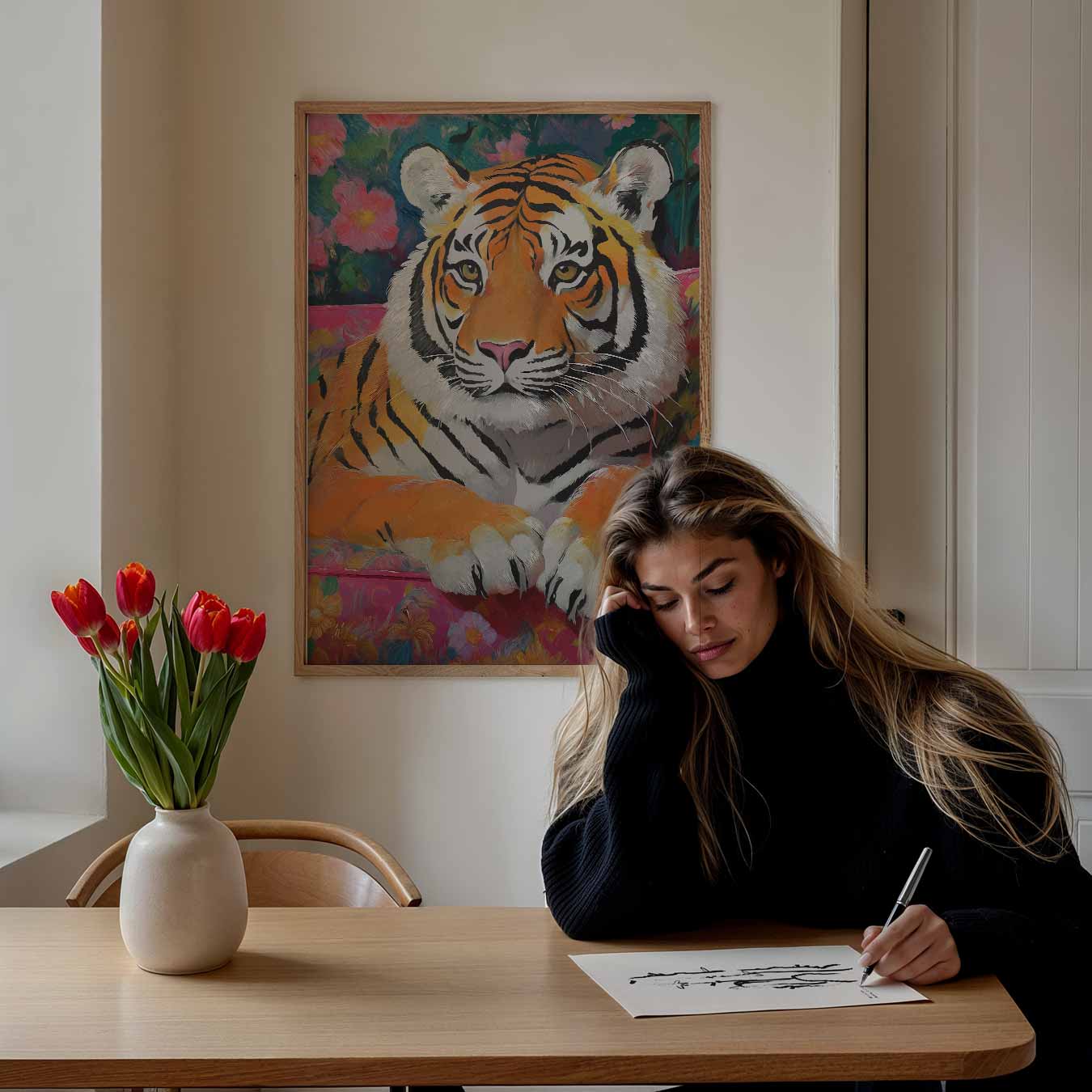 Kleurrijke Tijger op Bloemenbank Poster-WallArtistic