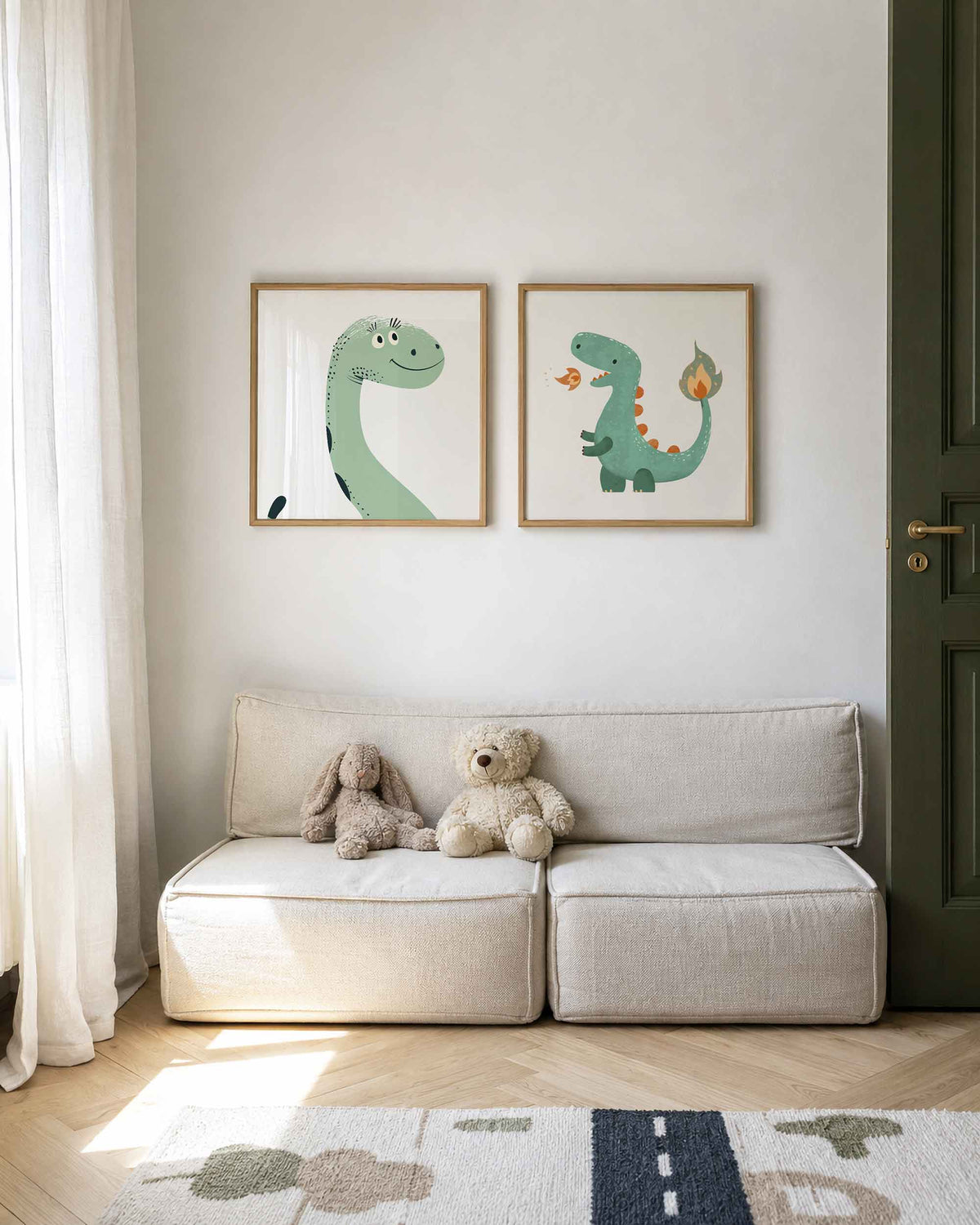 Interieurpresentatie van een tweedelige vierkante posterset met dinosaurussen