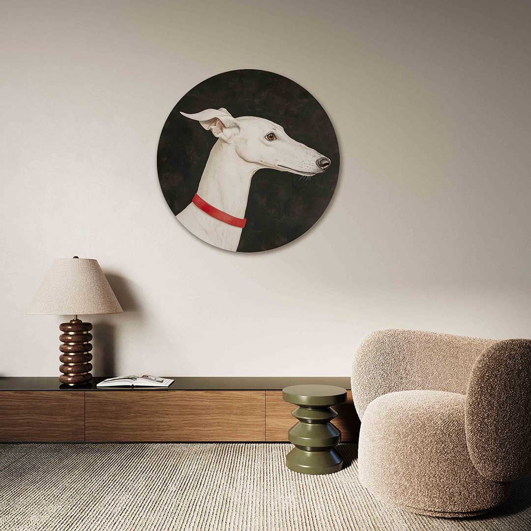 Witte hond met rode halsband Muurcirkel