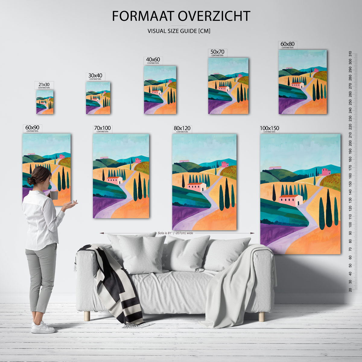 Landschap met heuvels en huizen Poster