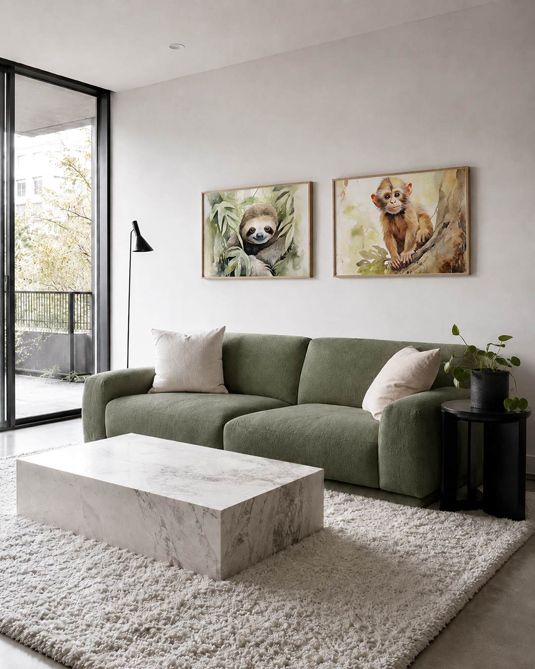 Interieurbeeld met twee liggende posters: een speelse compositie van zachte groene en bruine tinten met vloeiende lijnen