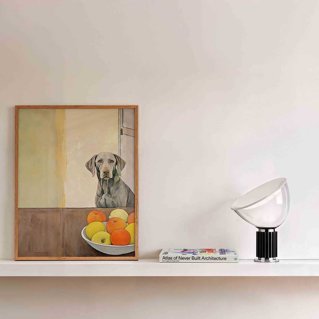 Hond en fruit op tafel Poster
