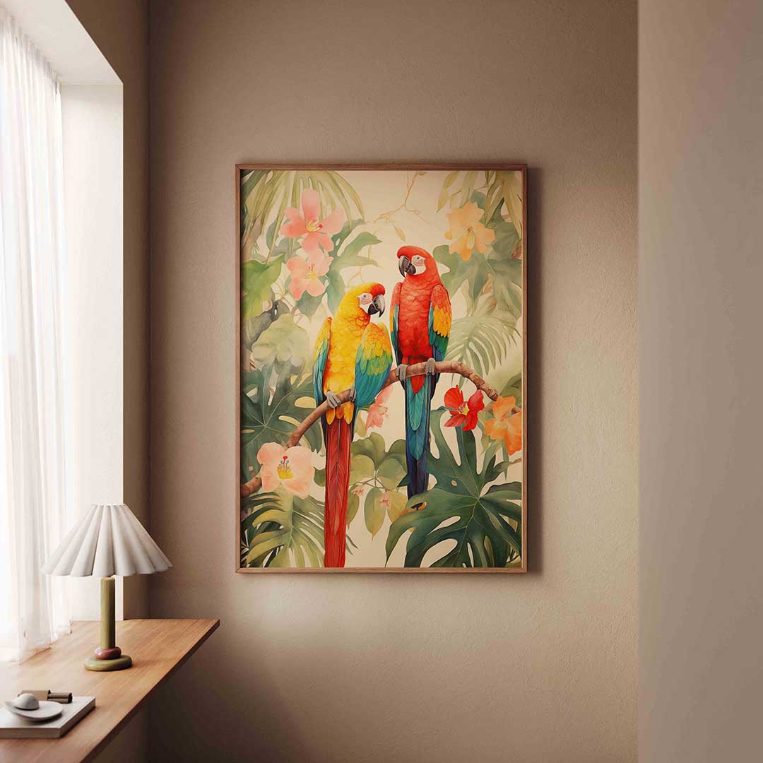 Papegaaien en bloemen Poster